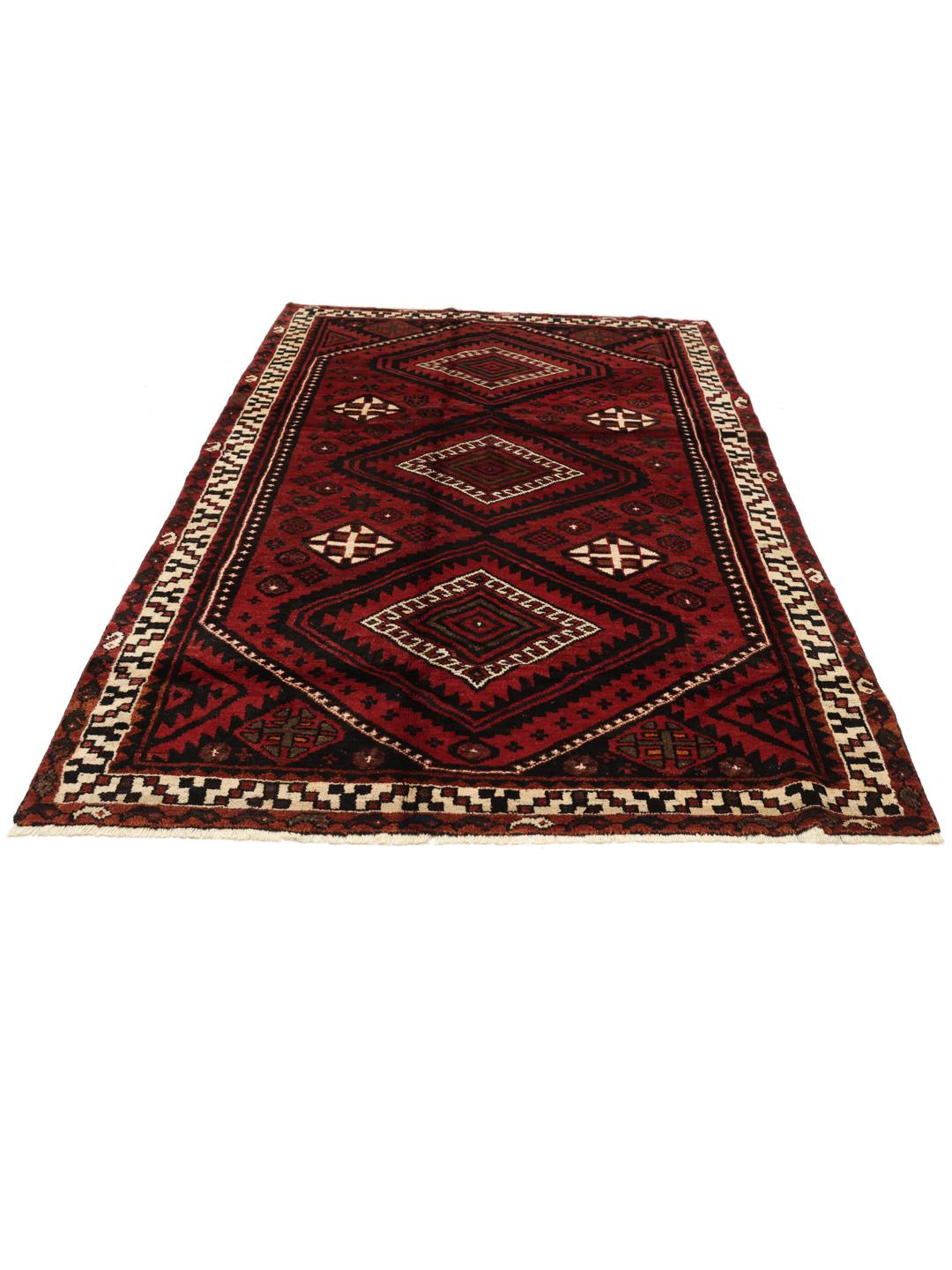 Hand-knotted Lori rug from the Middle East in dark-red and black tones.