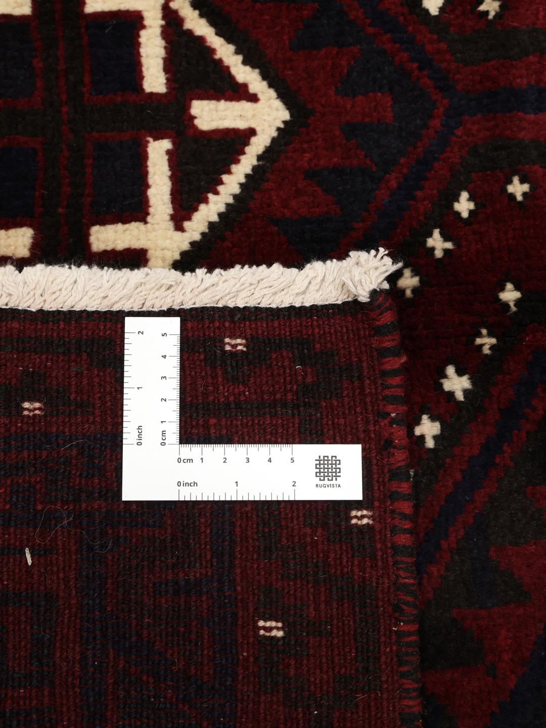 Håndknyttet Lori-tæppe fra Mellemøsten med et mørkerødt og blåt geometrisk design