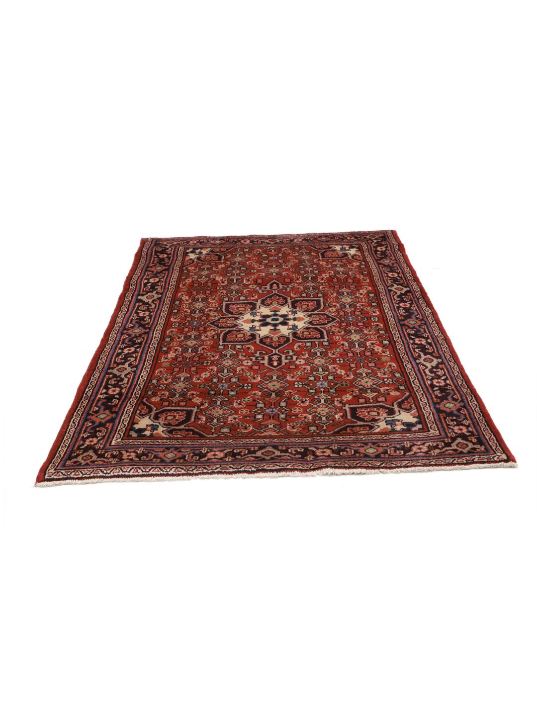 Hand-knotted Hamadan rug from the Middle East in vibrant red with traditional medallion patterns.
