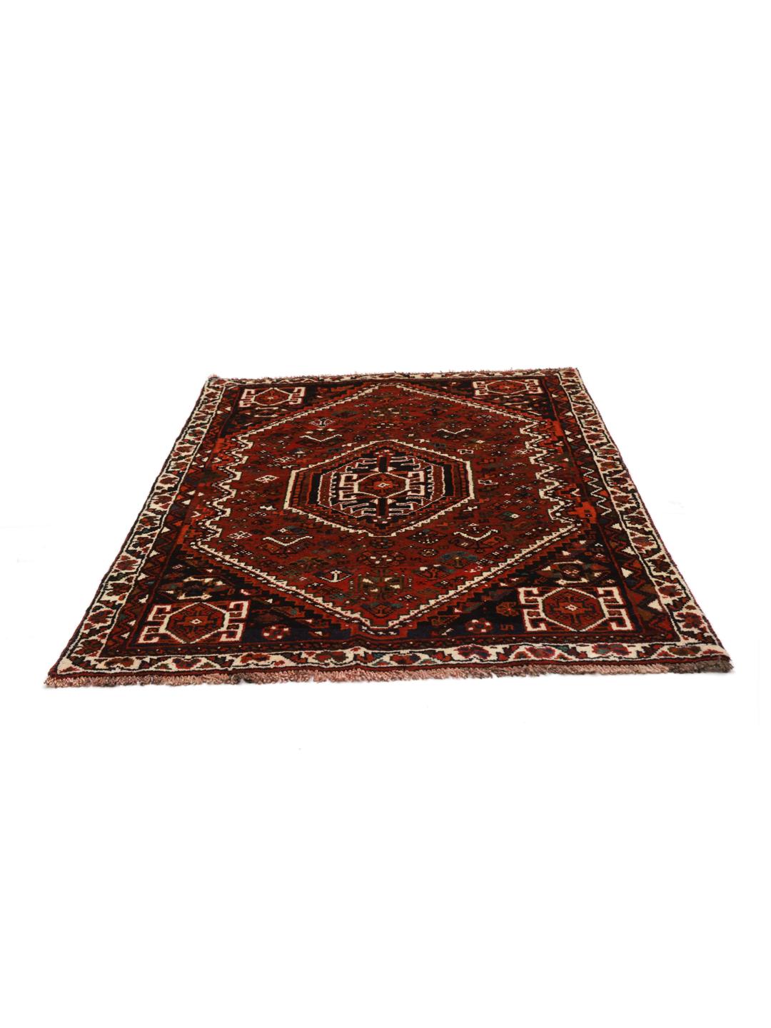 Hand-knotted red Shiraz rug with geometric tribal patterns from the Middle East