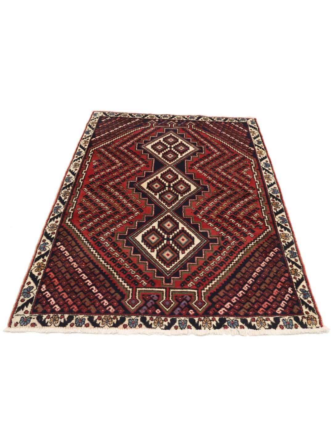 Hand-knotted Afshar Shahre Babak rug with red and dark-blue geometric patterns