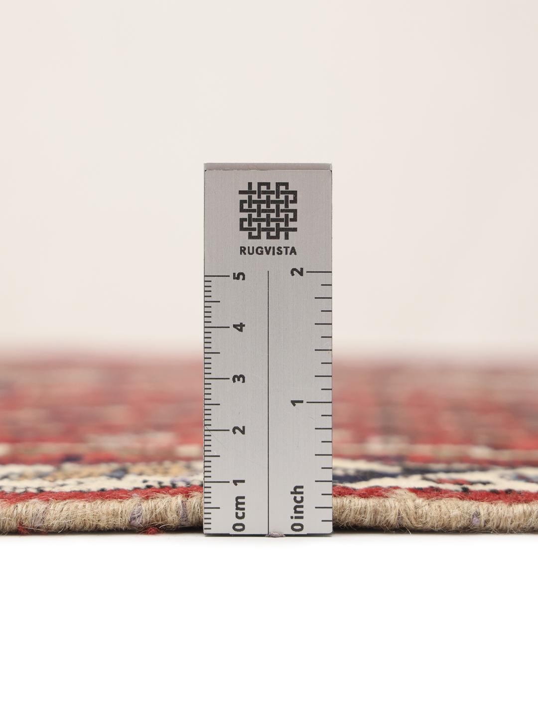Hand-knotted Afshar Shahre Babak rug with red and dark-blue geometric patterns