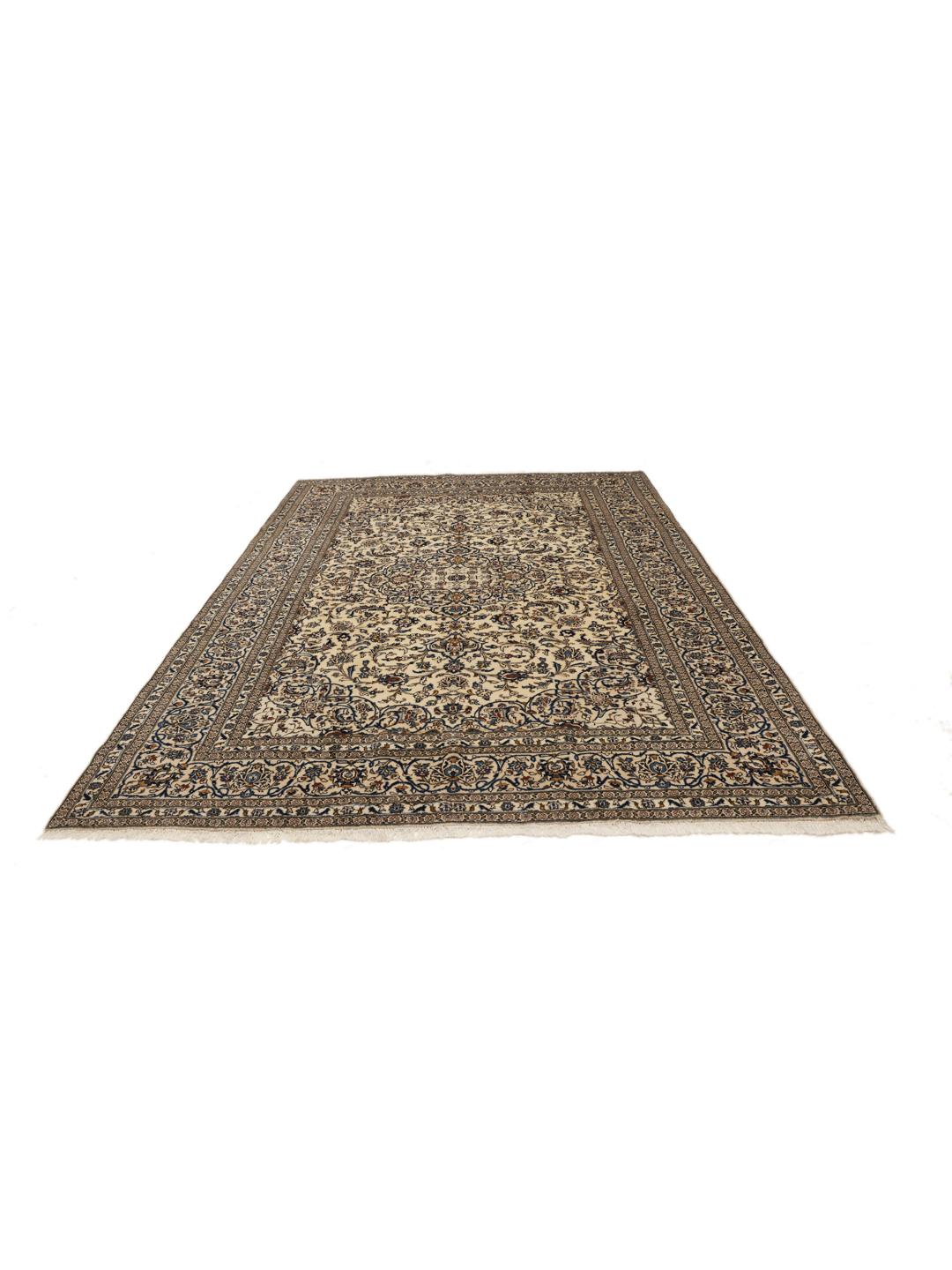 Hand-knotted Keshan rug with floral patterns in beige and blue tones