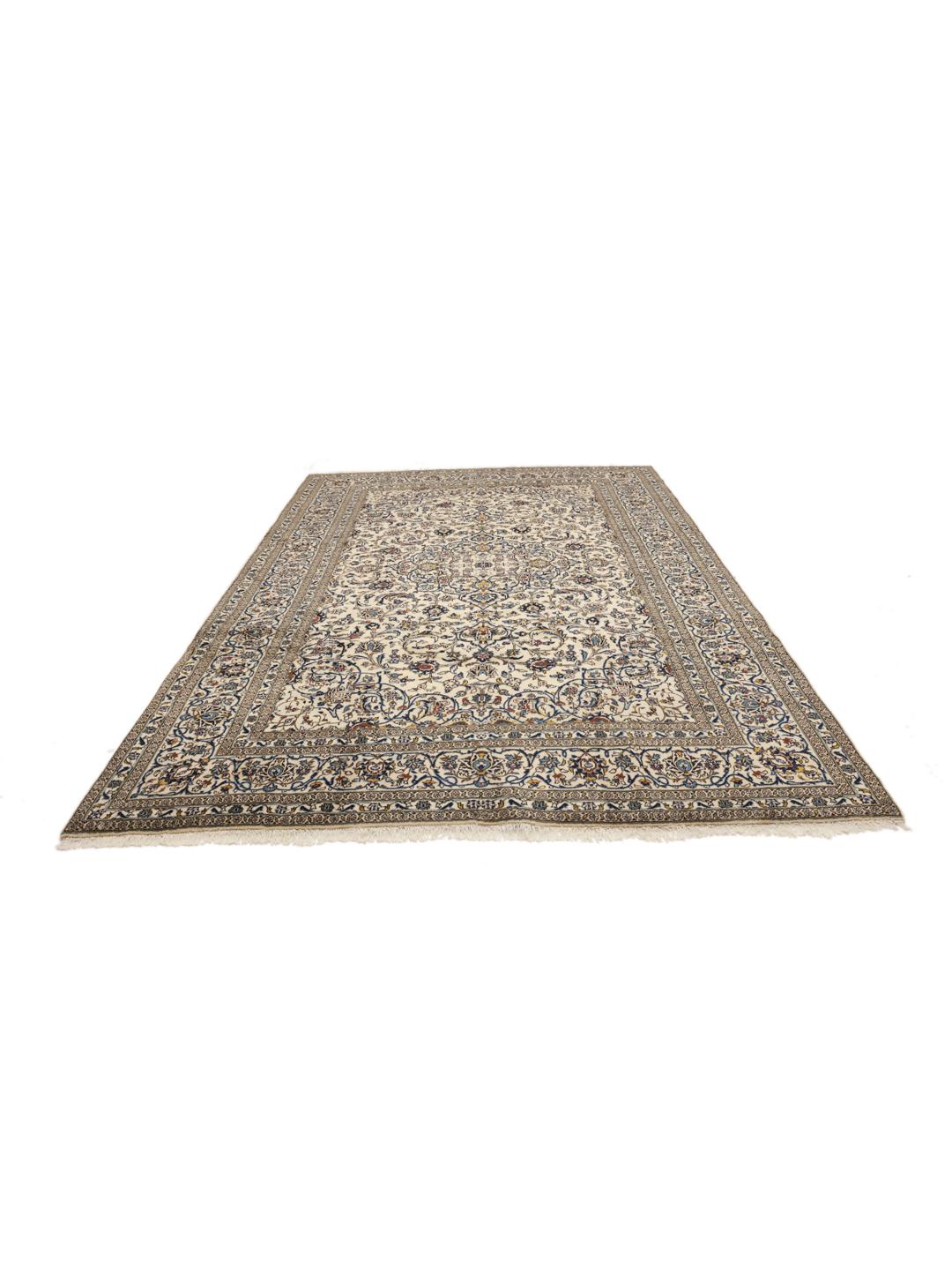 Hand-knotted Keshan rug with floral patterns in beige and blue tones