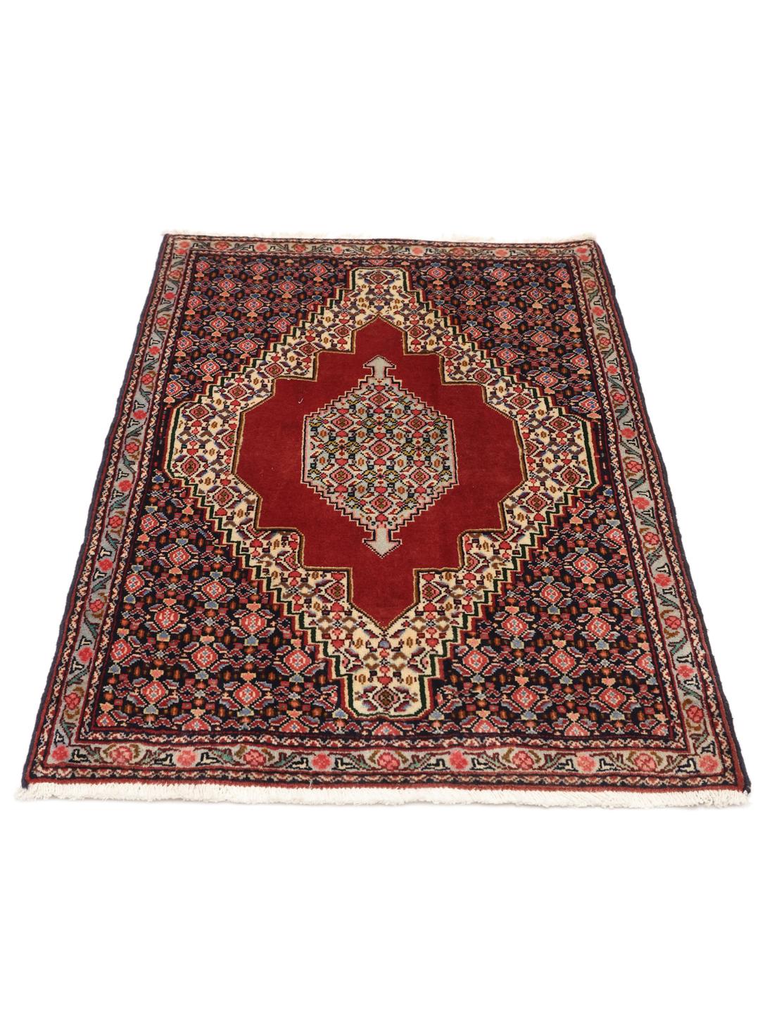 Hand-knotted Senneh Wool rug from the Middle East in red and navy