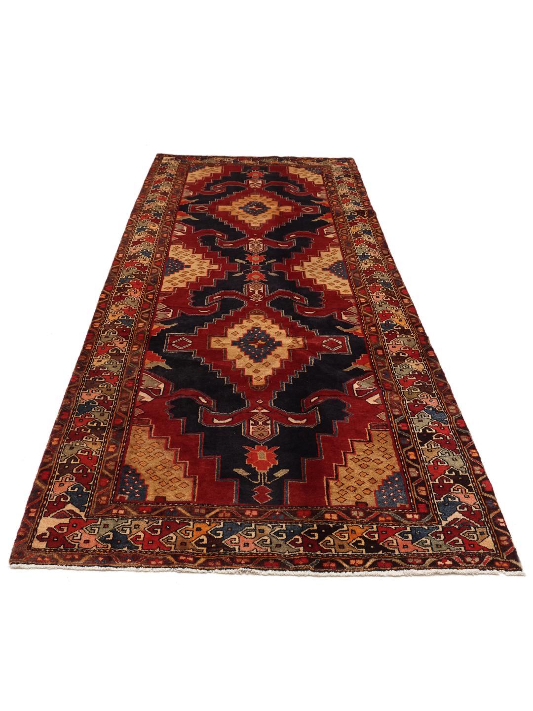 Hand-knotted red and blue Middle Eastern runner rug