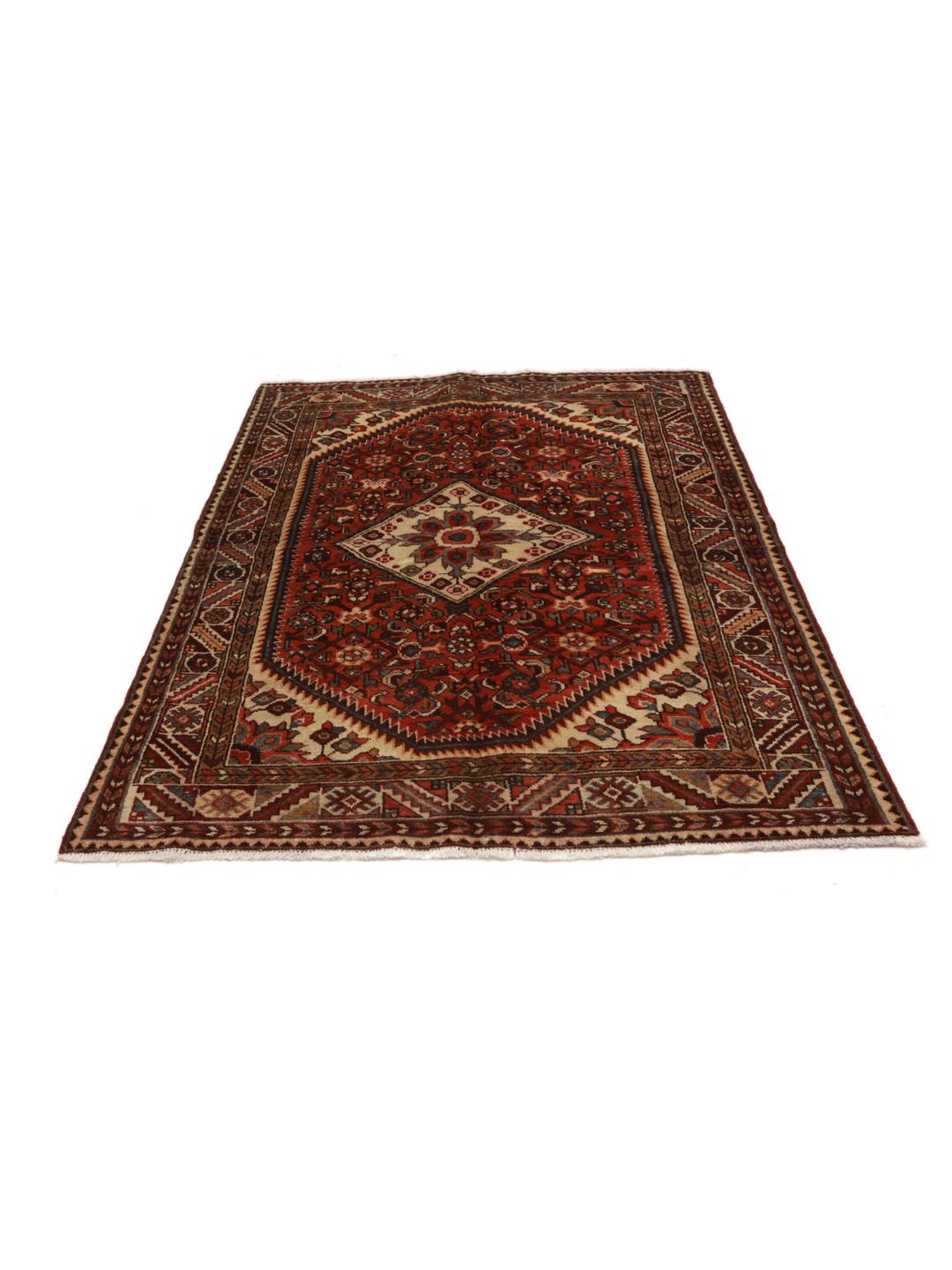 Hand-knotted Hosseinabad rug from the Middle East in shades of red and beige