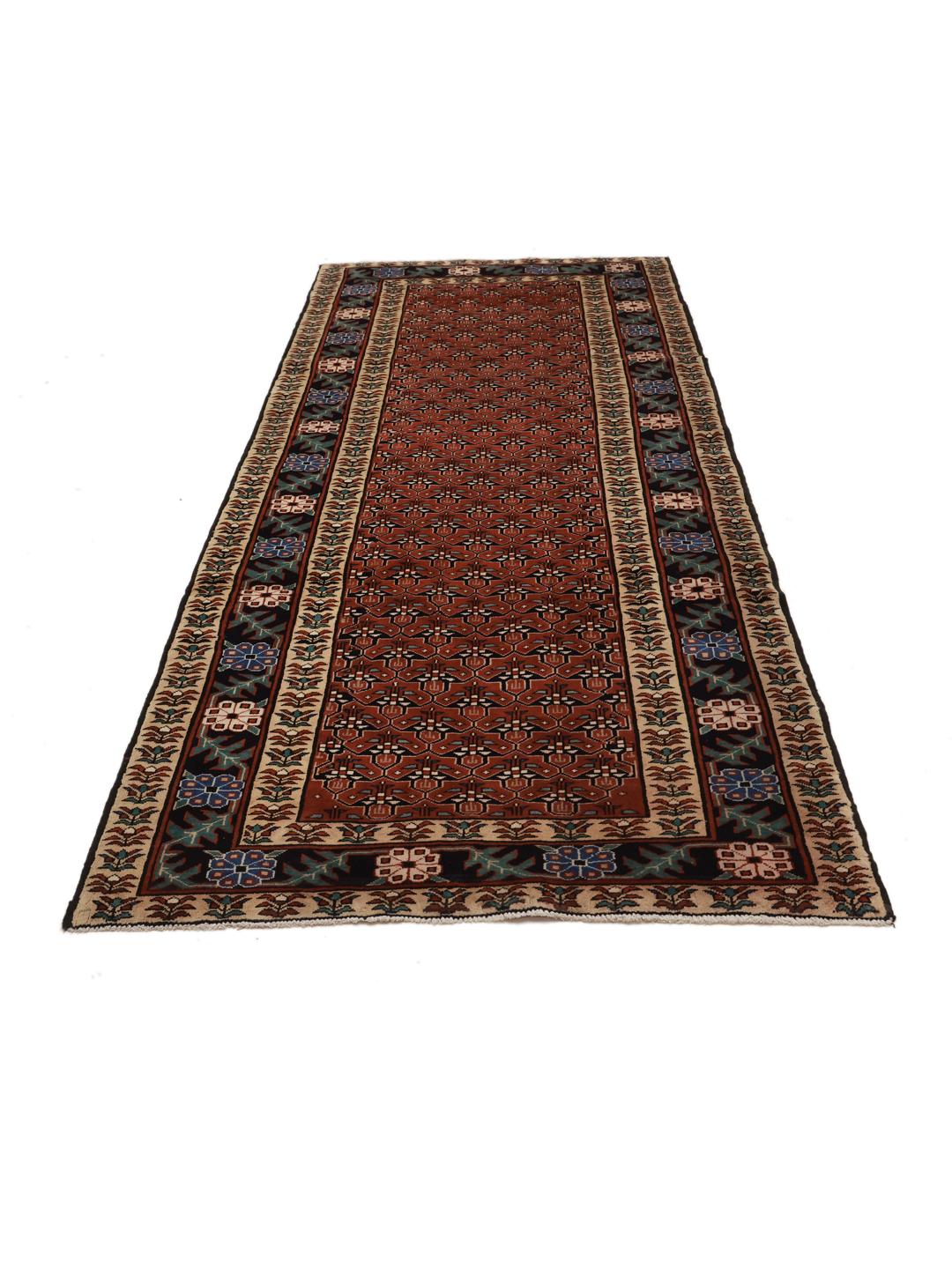 Hand-knotted Hamadan runner in dark-red with intricate geometric designs