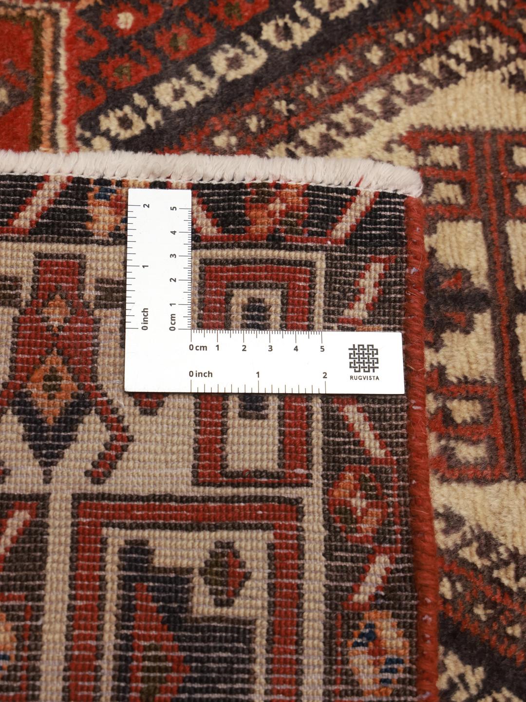 Håndknyttet Afshar Shahre Babak-tæppe med indviklede geometriske mønstre i rødt og beige
