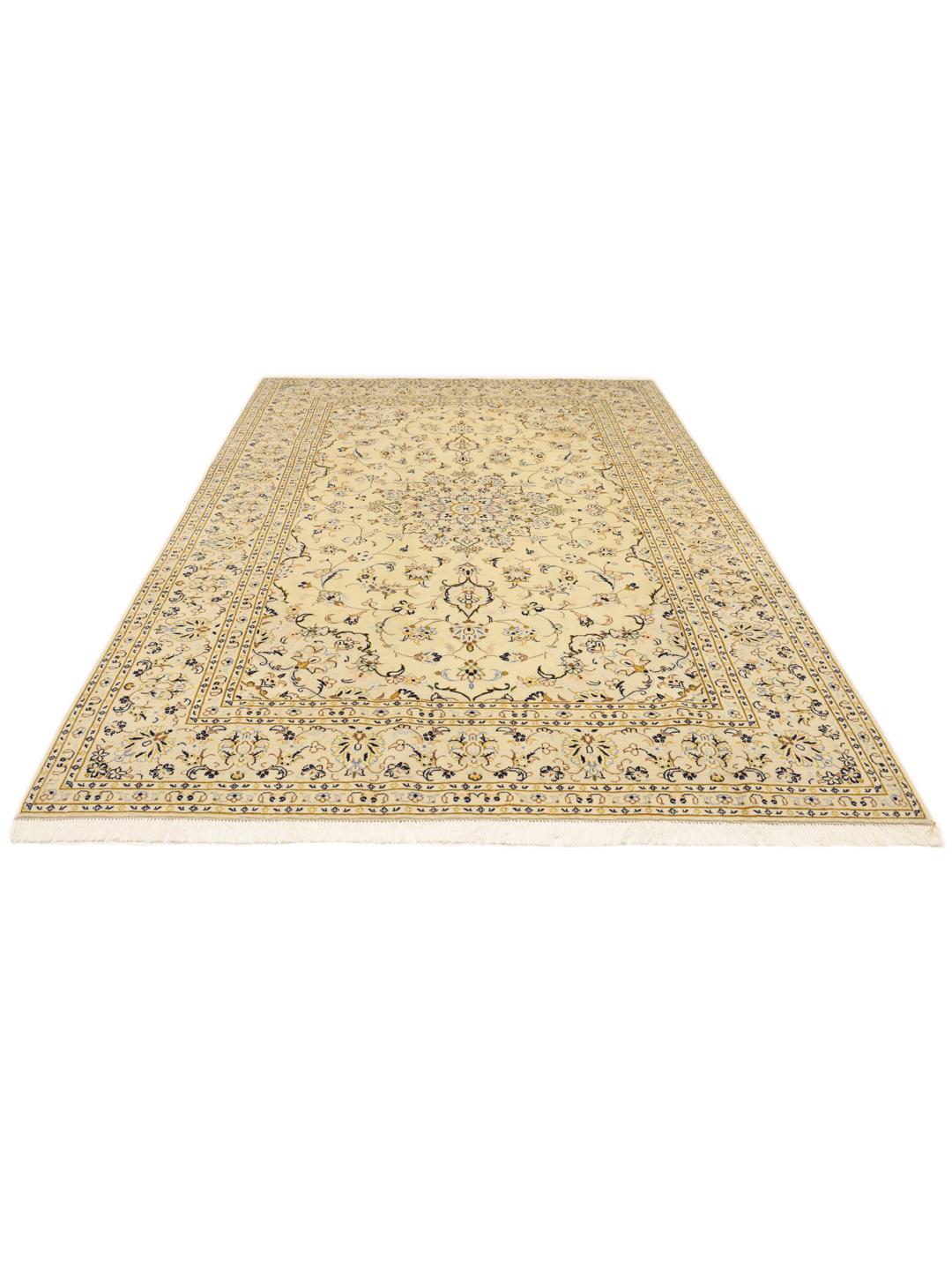 Hand-knotted Keshan rug from the Middle East featuring a beige floral design.