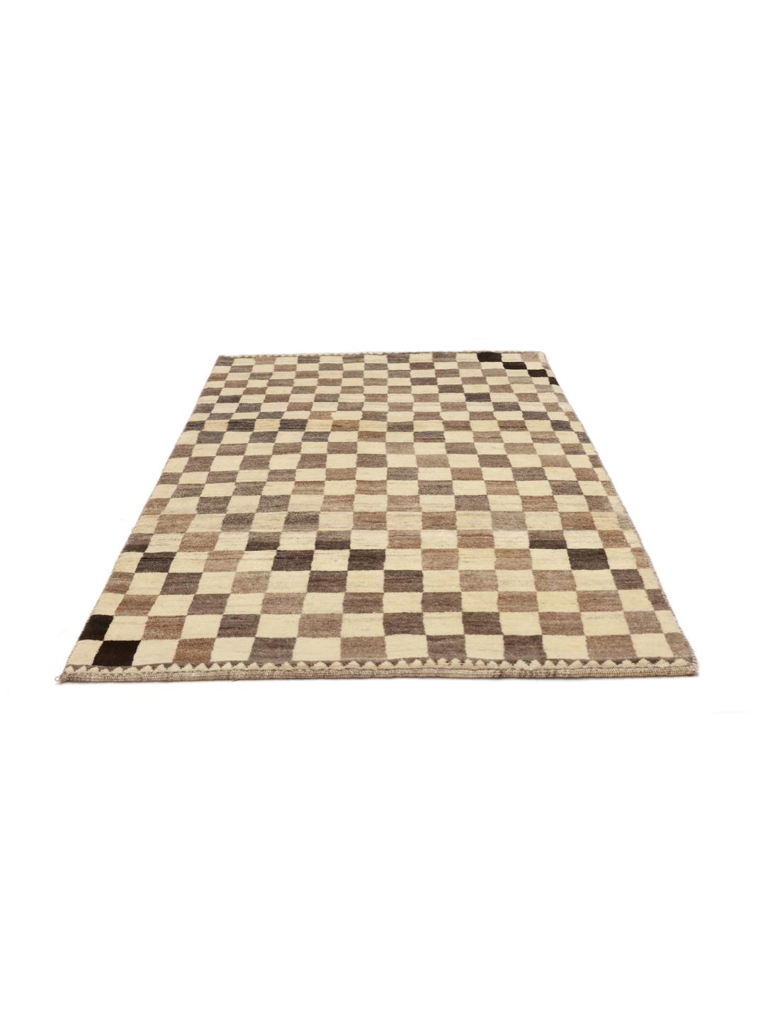 Hand-knotted Shabargan rug with a beige and brown checkerboard pattern