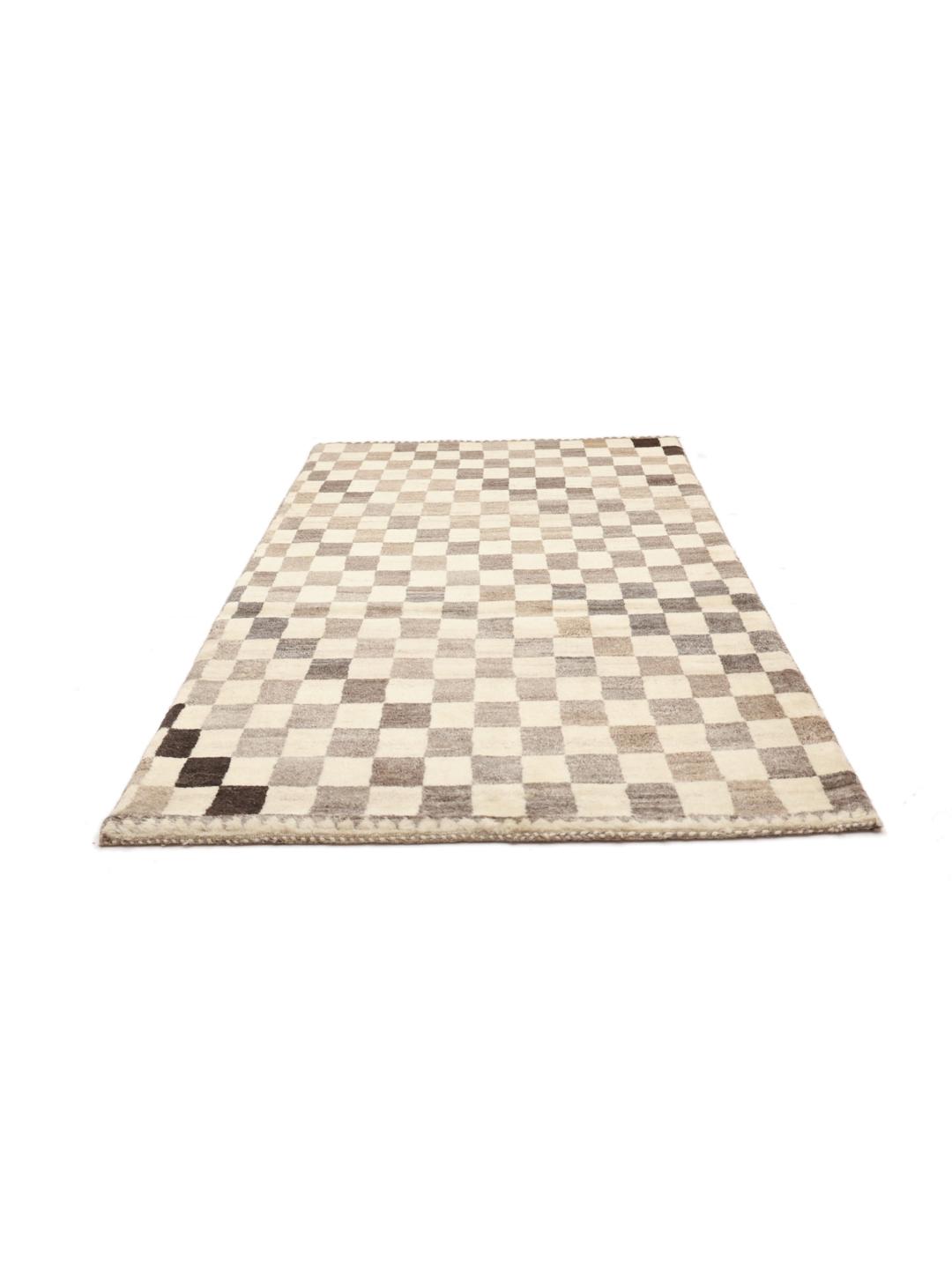 Hand-knotted Shabargan rug with a beige and brown checkerboard pattern