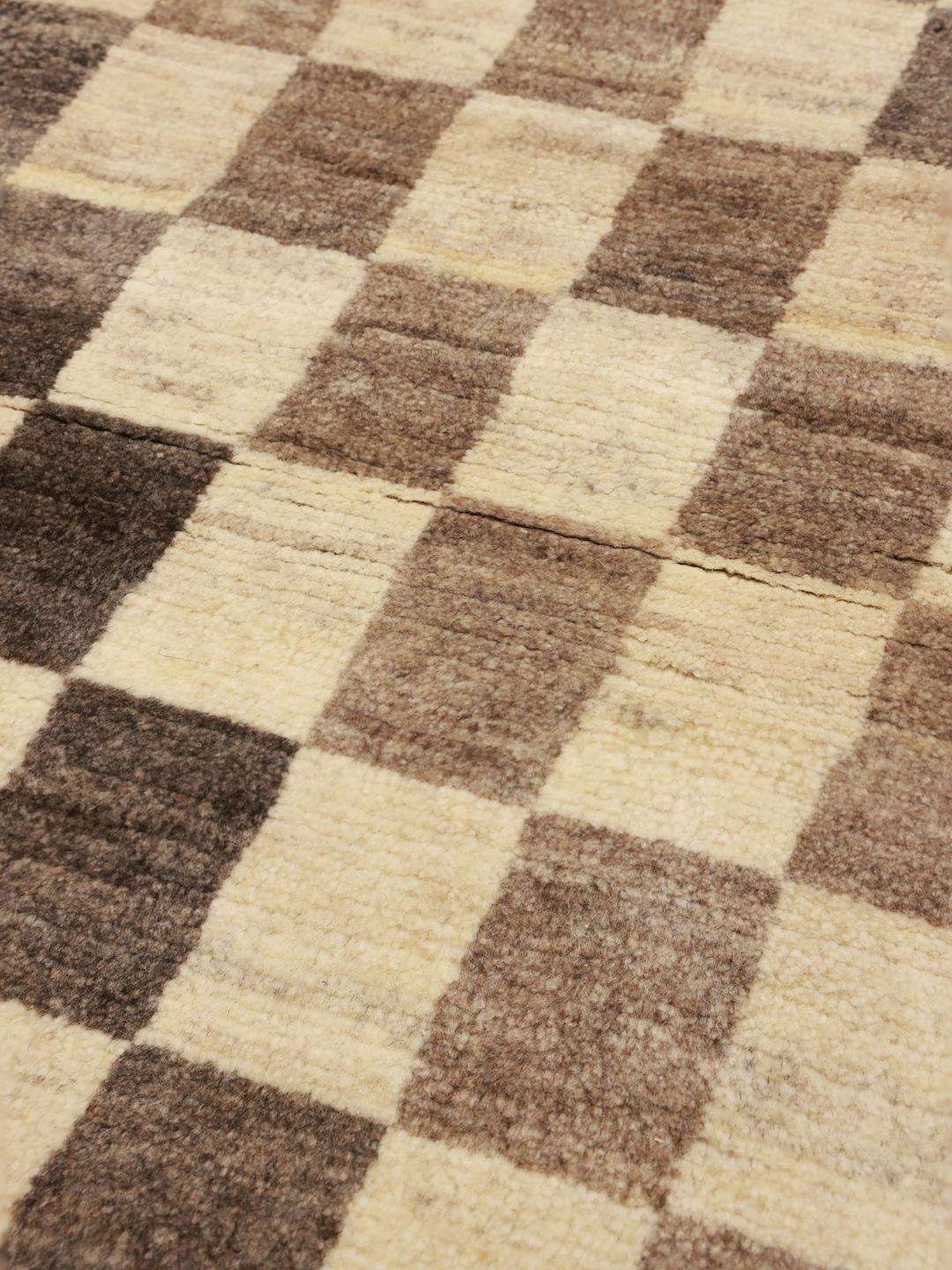 Hand-knotted Shabargan rug with a beige and brown checkerboard pattern
