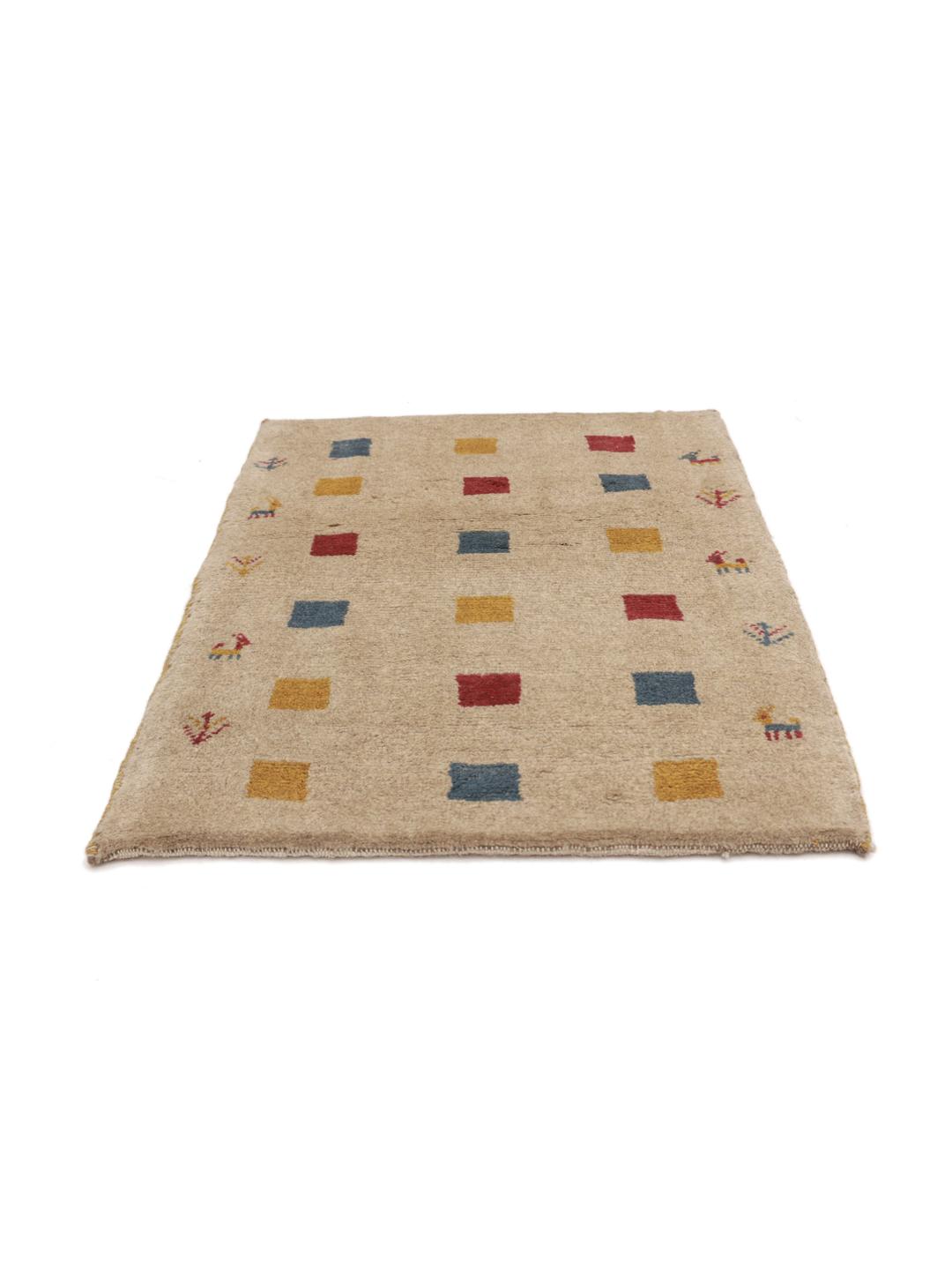 Hand-knotted Gabbeh rug from the Middle East in beige with colourful geometric accents