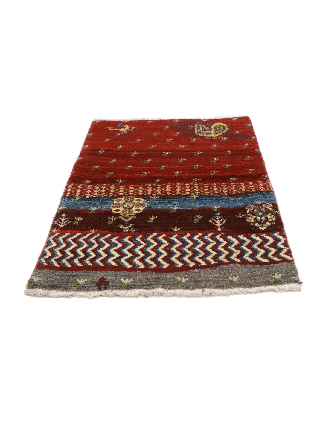 Hand-knotted Shabargan rug from the Middle East in vibrant red with pictorial motifs.