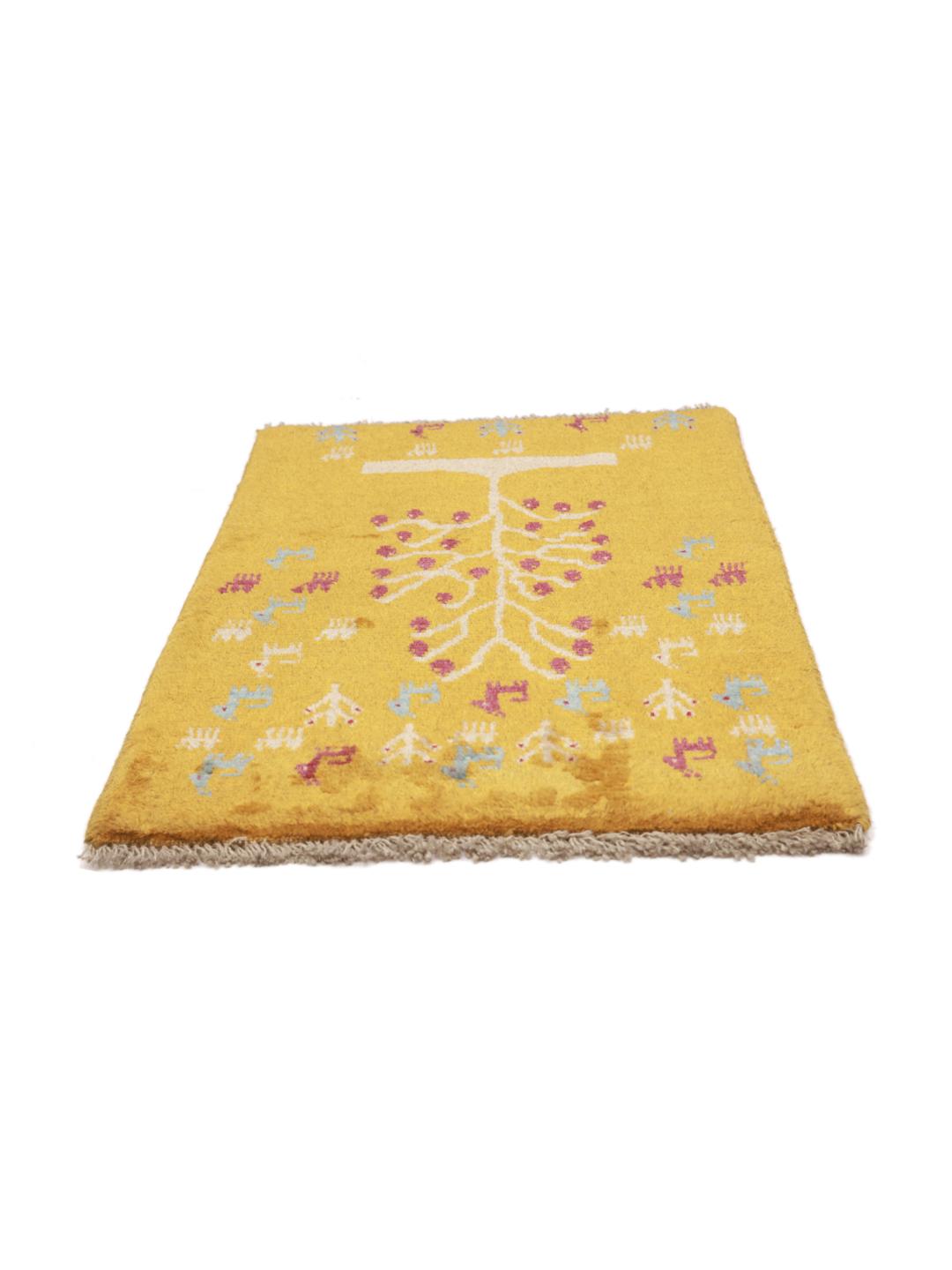 Yellow and multicolor hand-knotted Gabbeh rug with pictorial tree motifs