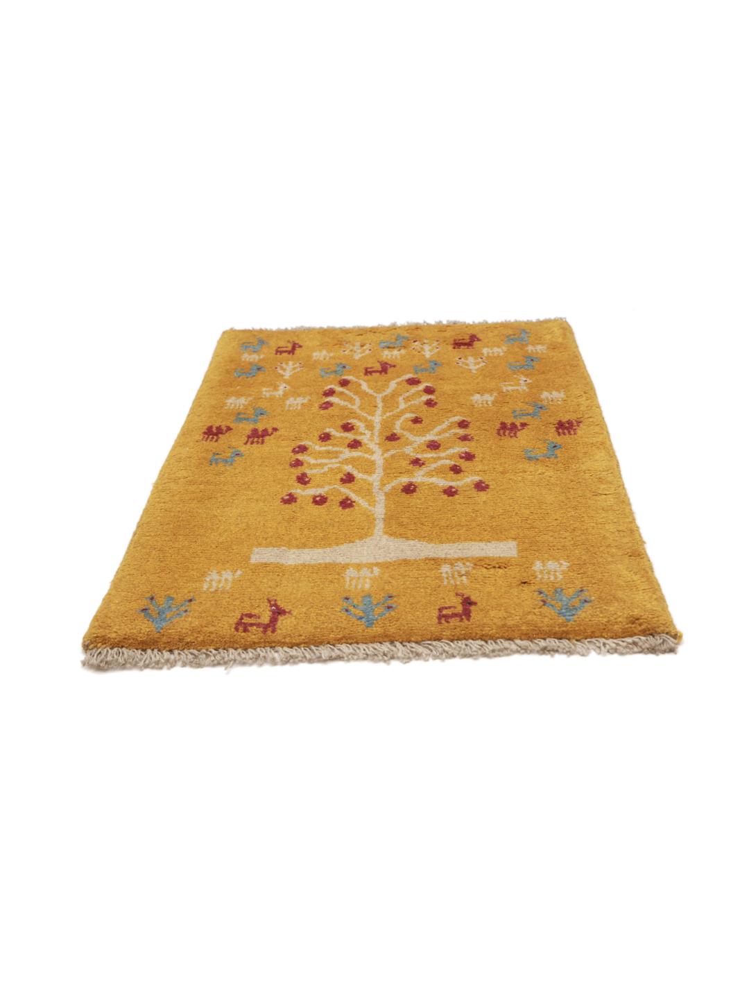 Yellow and multicolor hand-knotted Gabbeh rug with pictorial tree motifs