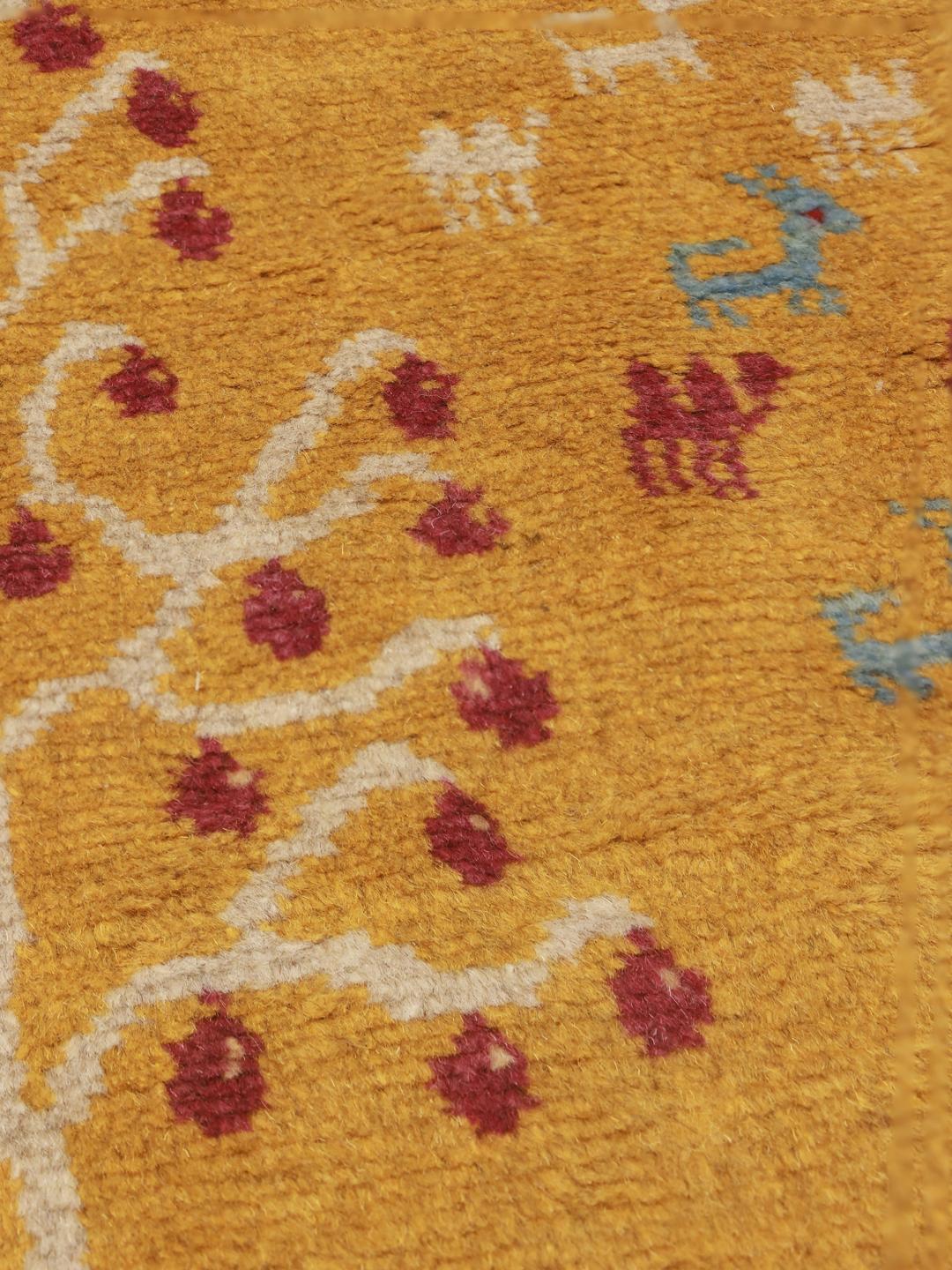 Yellow and multicolor hand-knotted Gabbeh rug with pictorial tree motifs