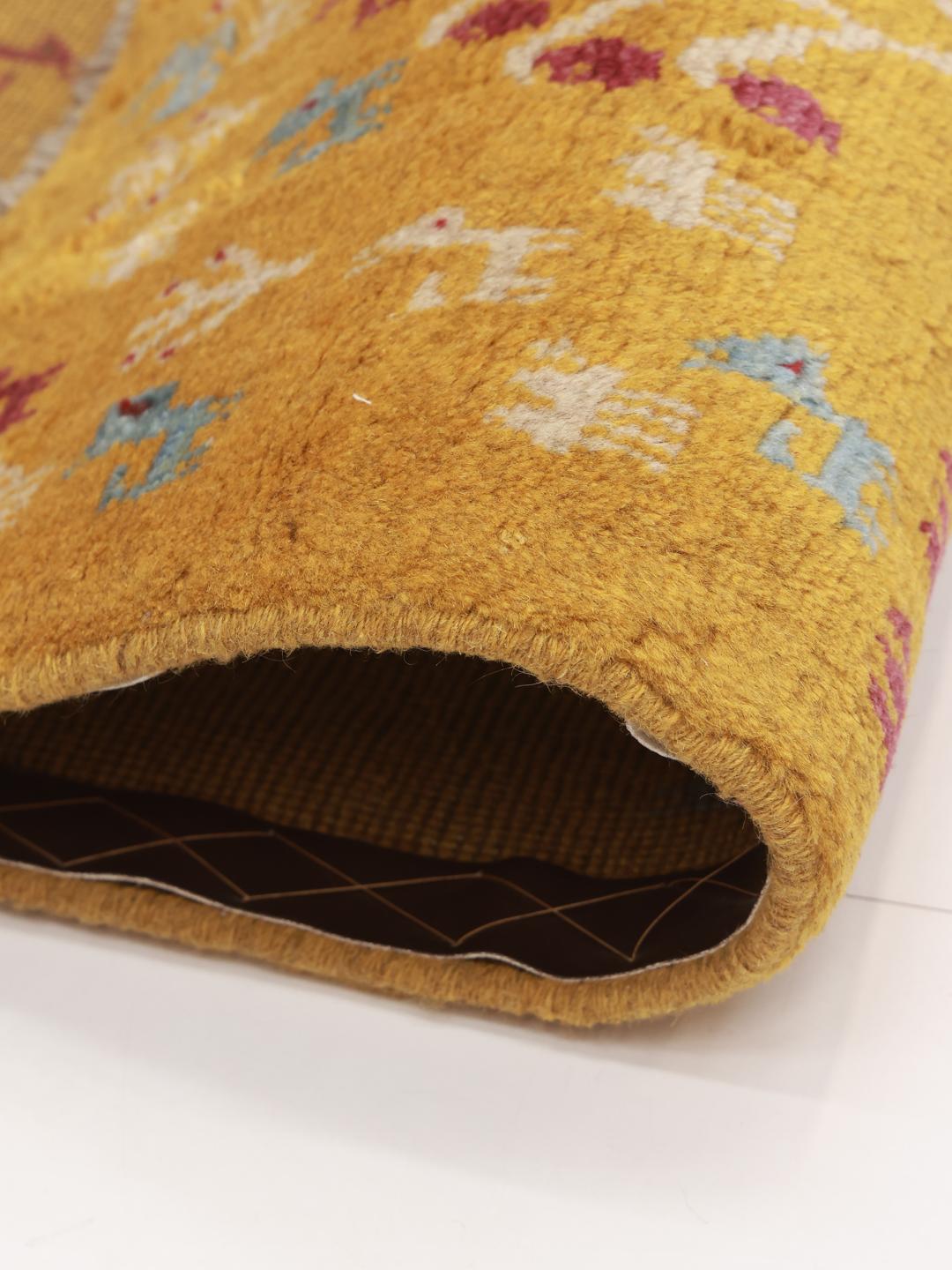 Yellow and multicolor hand-knotted Gabbeh rug with pictorial tree motifs