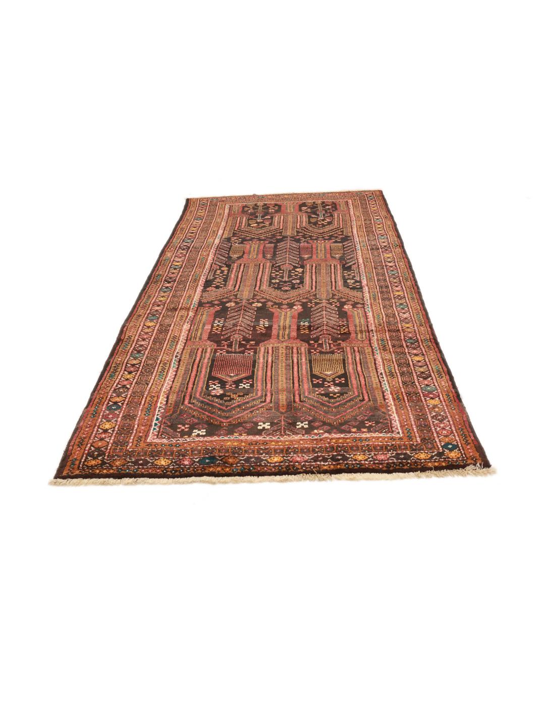 Hand-knotted Middle Eastern rug in dark-red and black with tribal patterns