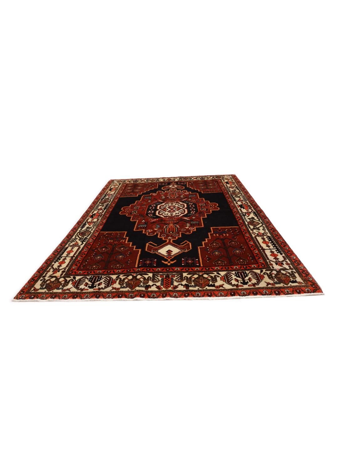 Hand-knotted Hamadan rug from the Middle East in dark red and black with geometric medallion patterns