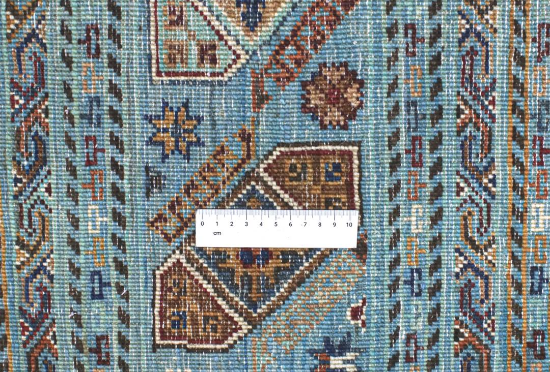 Alfombra afgana hecha a mano con rayas en color azul cerceta y multicolor y bandas geométricas ornamentadas