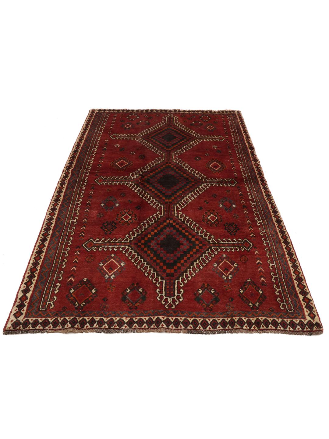 Handgeknoopt rood Shiraz-tapijt uit het Midden-Oosten met geometrische patronen