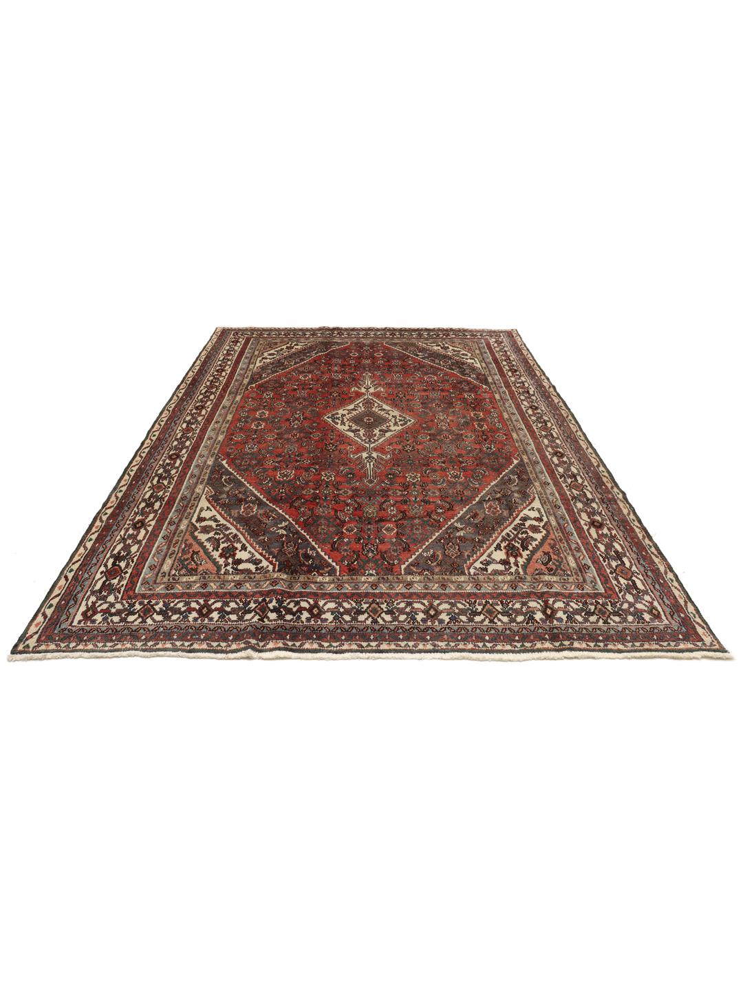 Hand-knotted Hamadan rug from the Middle East in dark-red and charcoal tones.