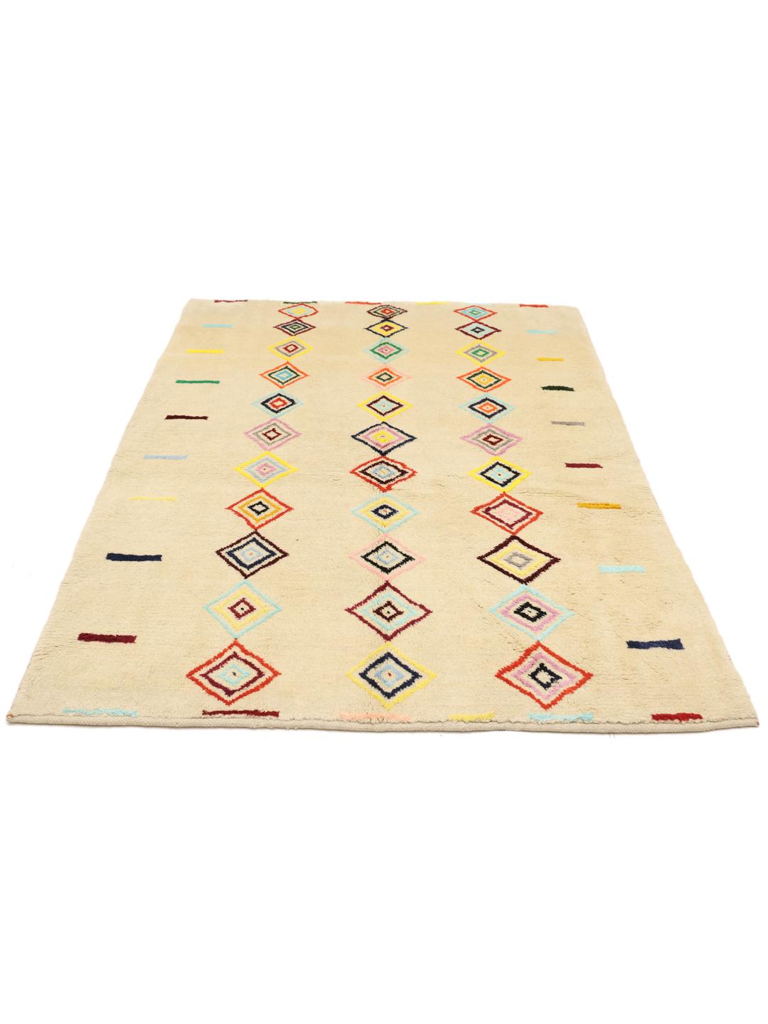 A one-of-a-kind hand-knotted Gabbeh rug from the Middle East featuring colourful geometric diamond motifs on a neutral background.