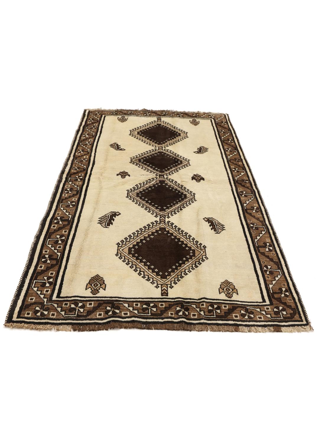 Hand-knotted Shiraz rug with geometric diamond motifs in beige and brown tones
