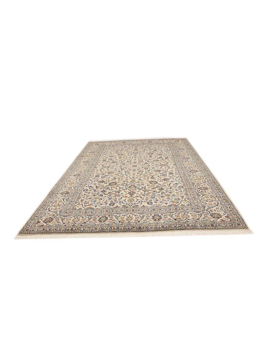 A rectangular Keshan rug from the Middle East featuring beige, blue, and brown floral patterns.