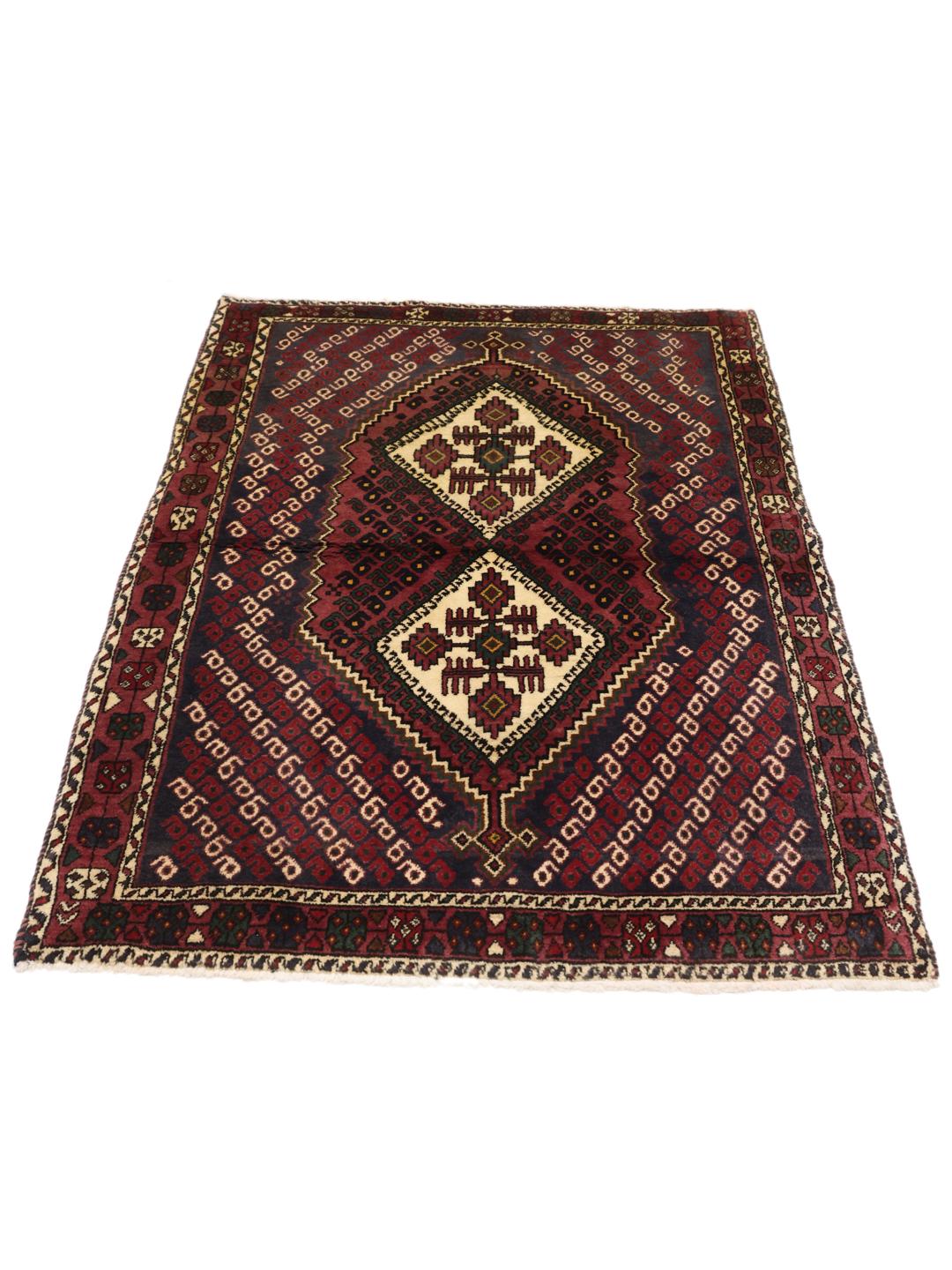 Handgeknoopt Afshar Shahre Babak-tapijt met rode en donkerblauwe geometrische motieven