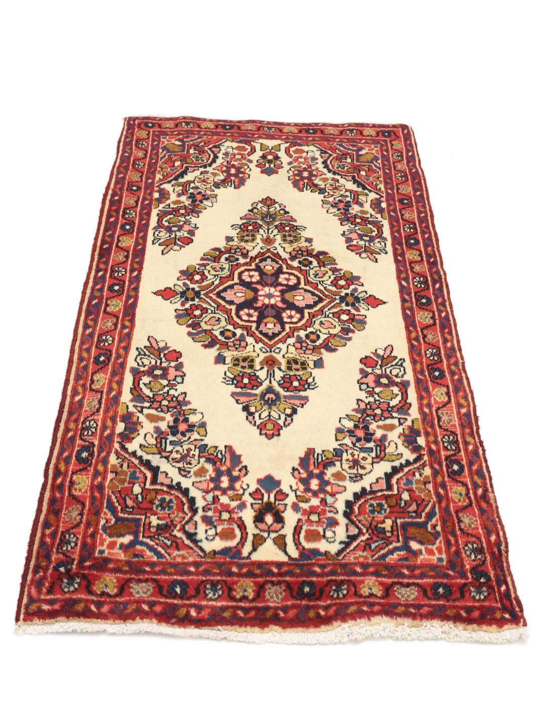 Handgeknoopt Lillian-tapijt met bloemenmedaillon in rode en beige tinten