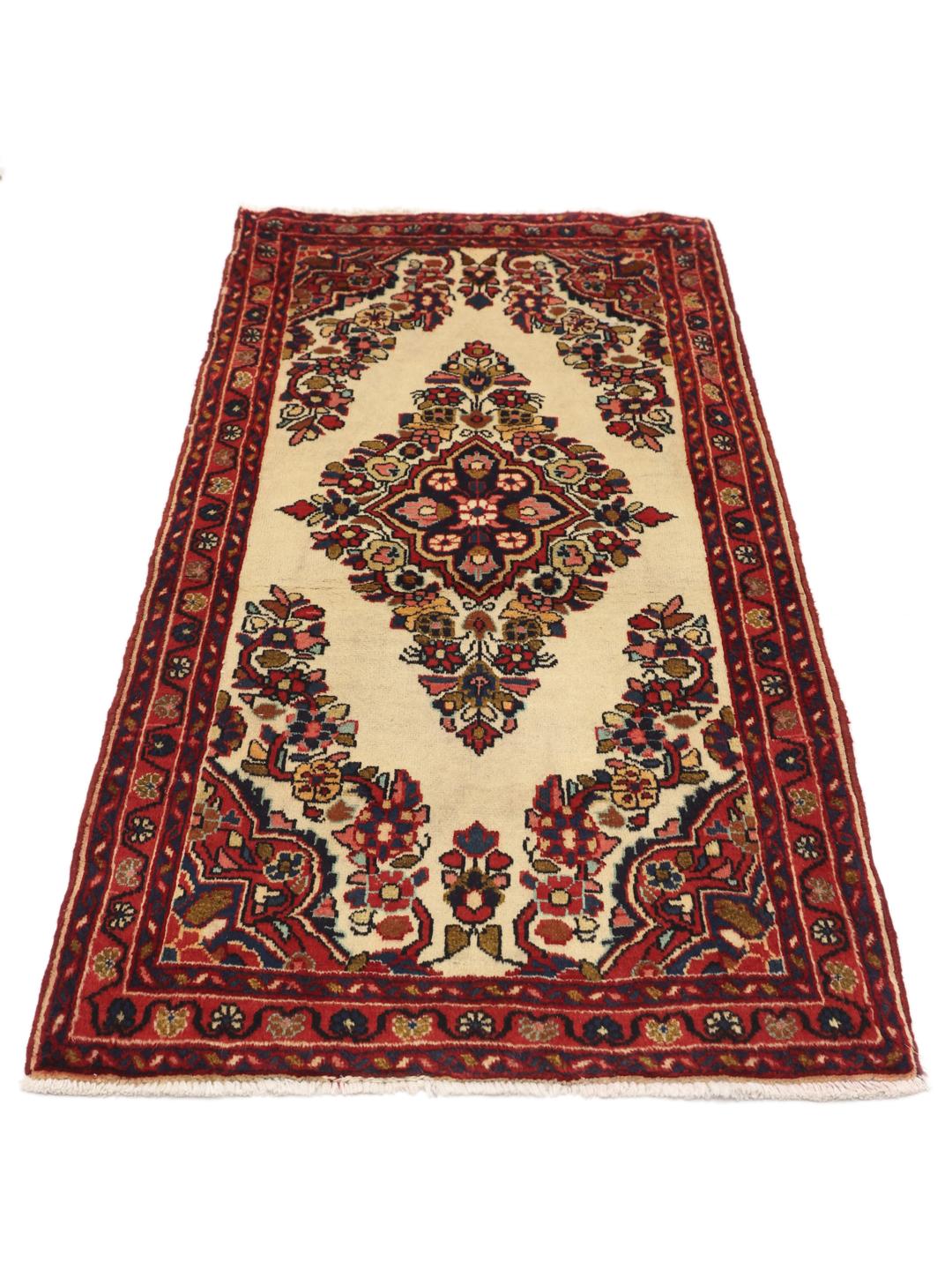 Handgeknoopt Lillian-tapijt met bloemenmedaillon in rode en beige tinten