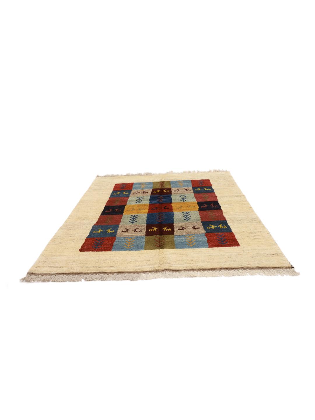 Hand-knotted Gabbeh rug from the Middle East in multicolour
