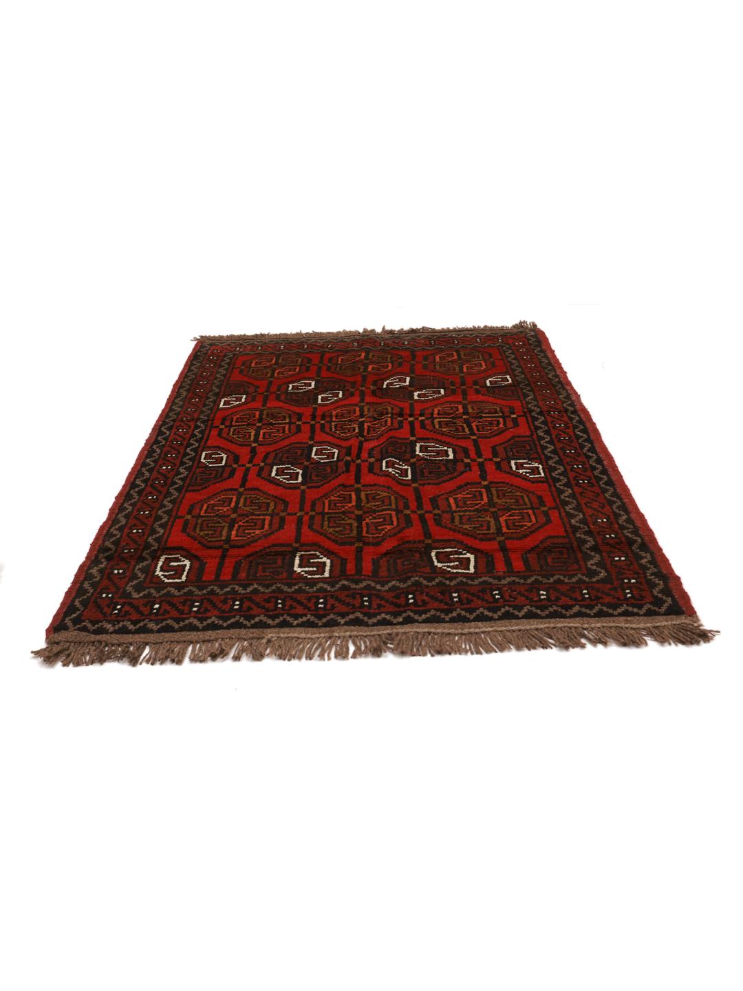 Hand-knotted Turkaman wool rug from the Middle East in dark-red and black