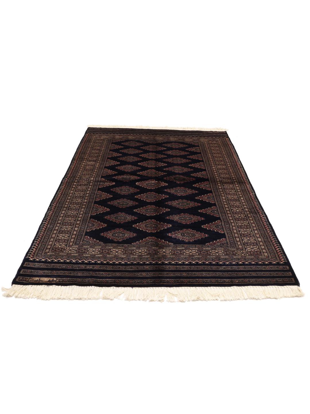 Hand-knotted Pakistan rug with deep blue field and geometric motifs