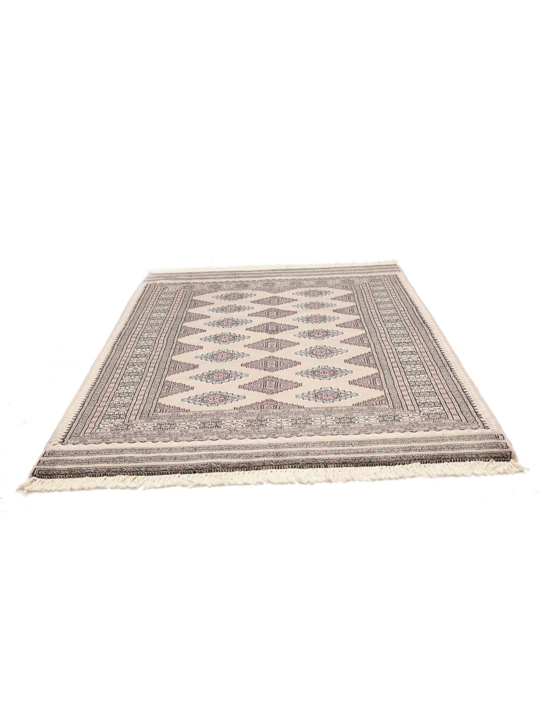 Hand-knotted Pakistani rug with traditional beige geometric motifs