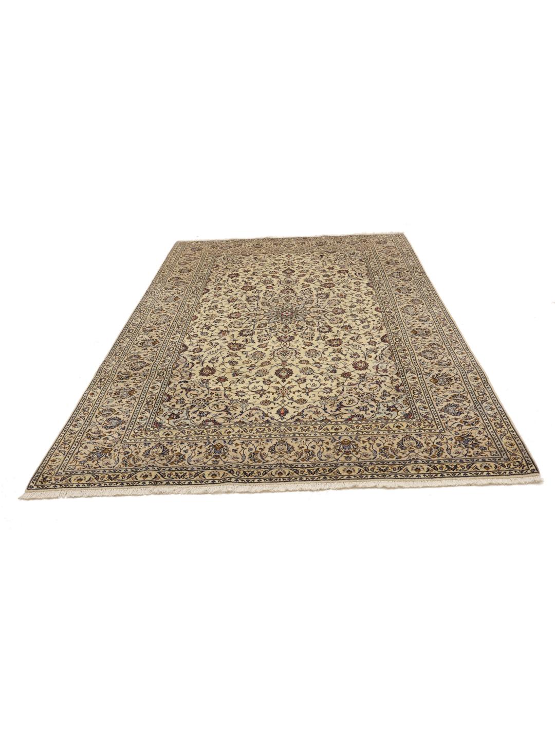 Hand-knotted Keshan rug from the Middle East with a floral medallion pattern in beige
