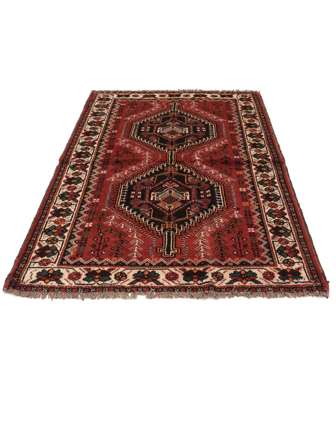 Hand-knotted Middle Eastern Shiraz rug in dark red and black with geometric patterns
