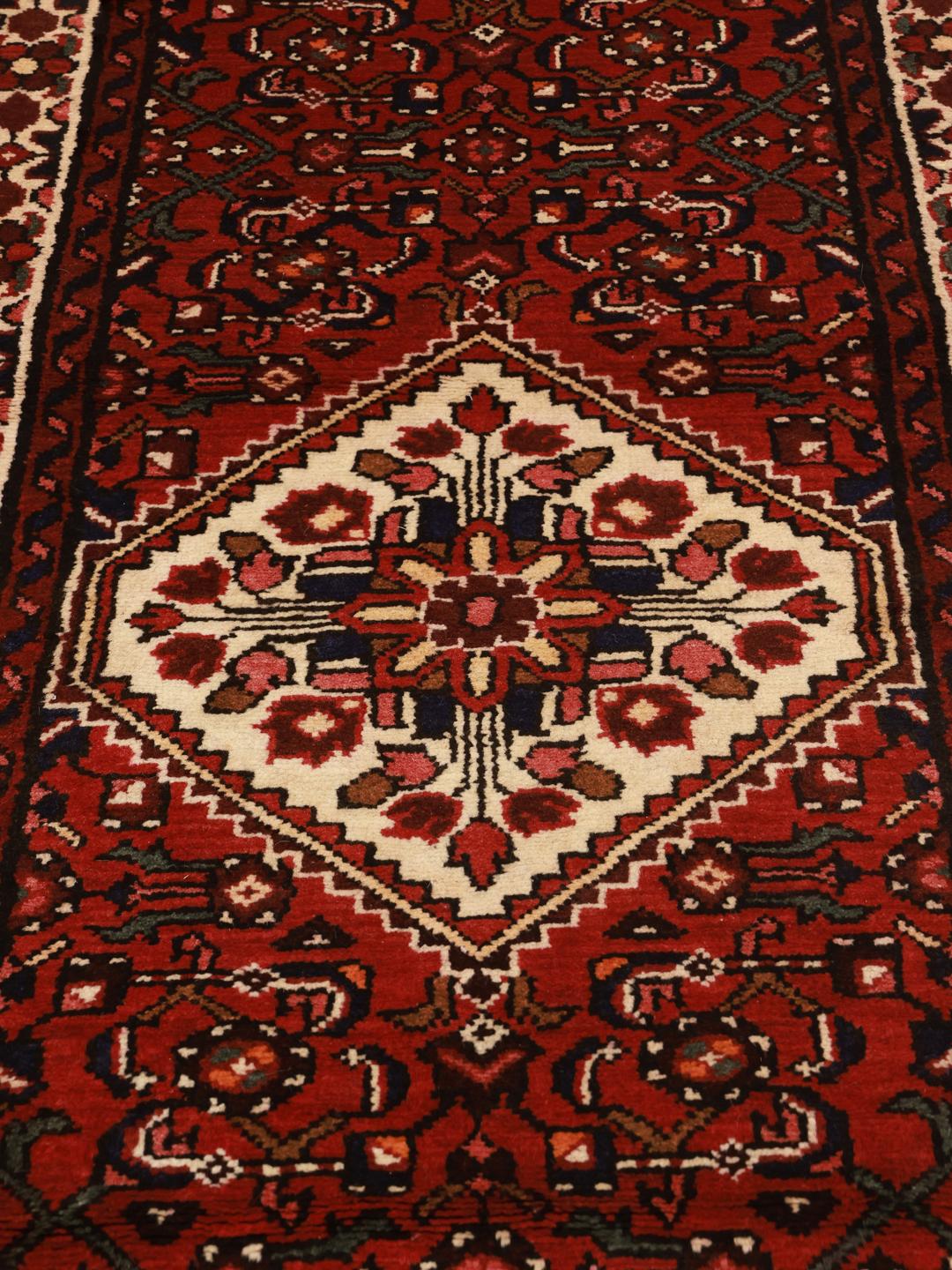 Hand-knotted Hosseinabad runner in red featuring traditional patterns.