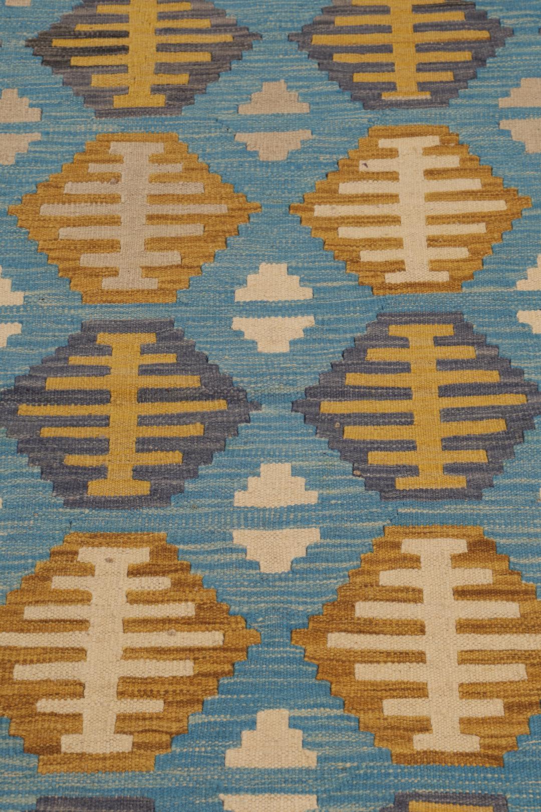 Hand-woven Afghan Kelim rug in blue and yellow with geometric patterns