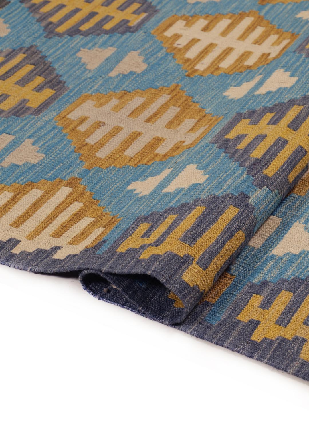Hand-woven Afghan Kelim rug in blue and yellow with geometric patterns