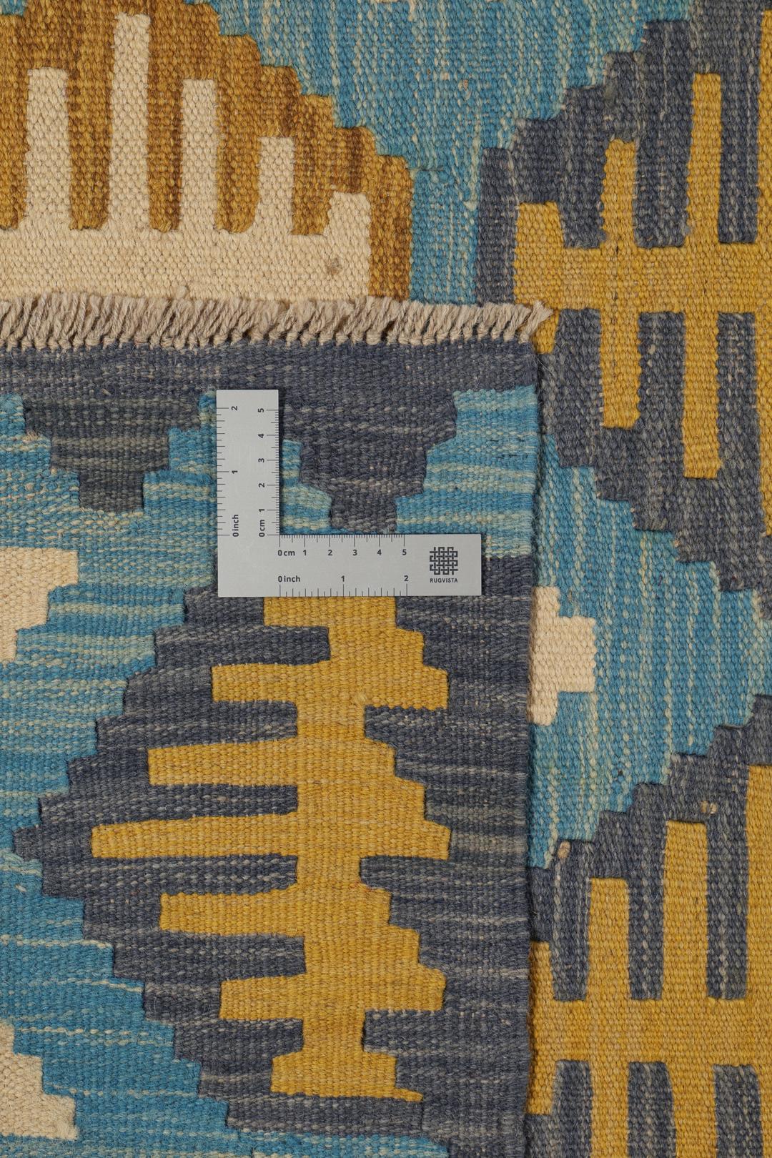 Hand-woven Afghan Kelim rug in blue and yellow with geometric patterns