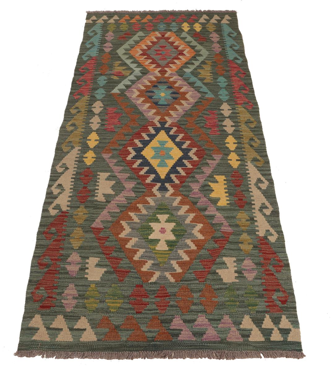 Runner Kelim afghano tessuto a mano in multicolor con motivi geometrici