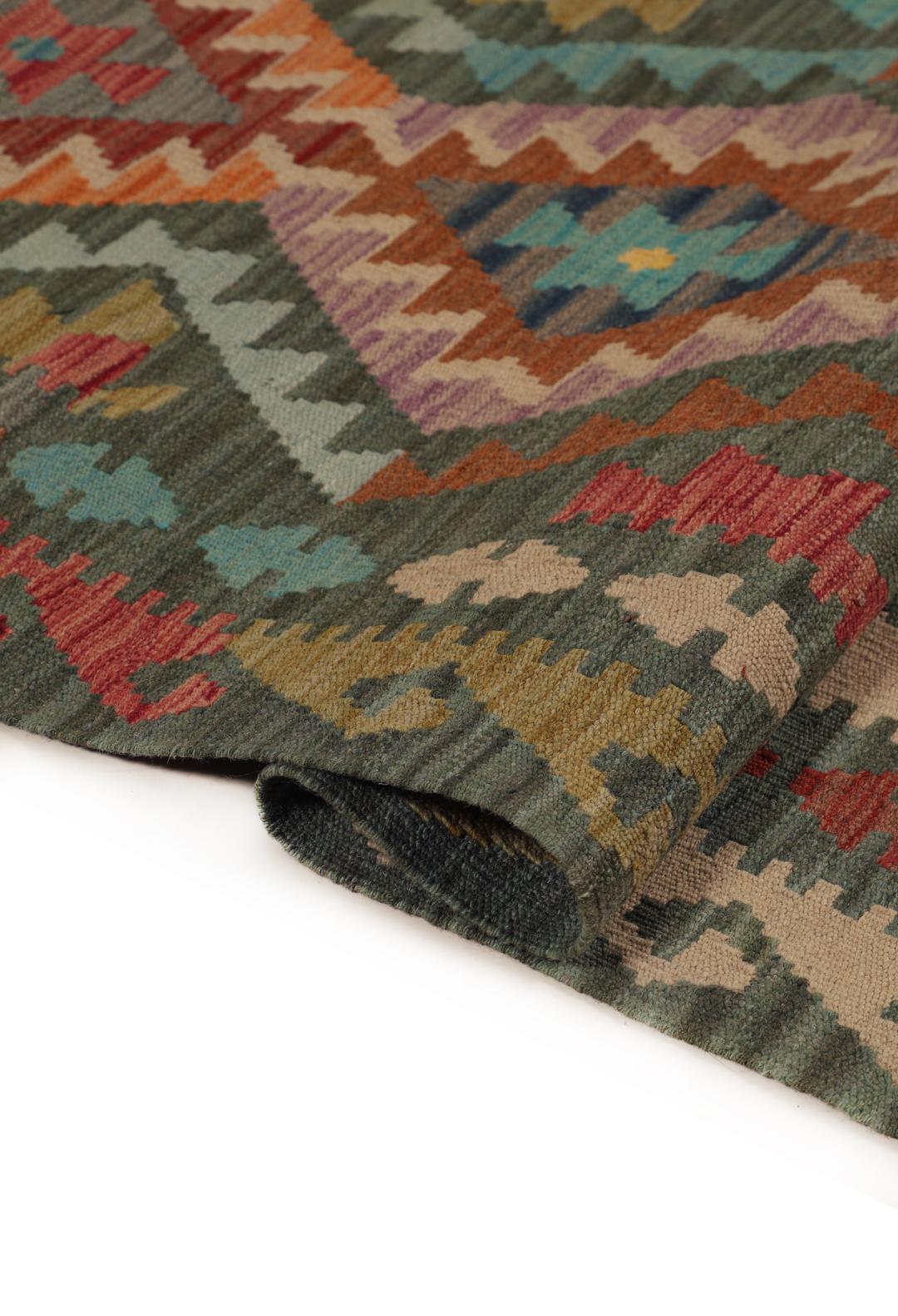 Runner Kelim afghano tessuto a mano in multicolor con motivi geometrici