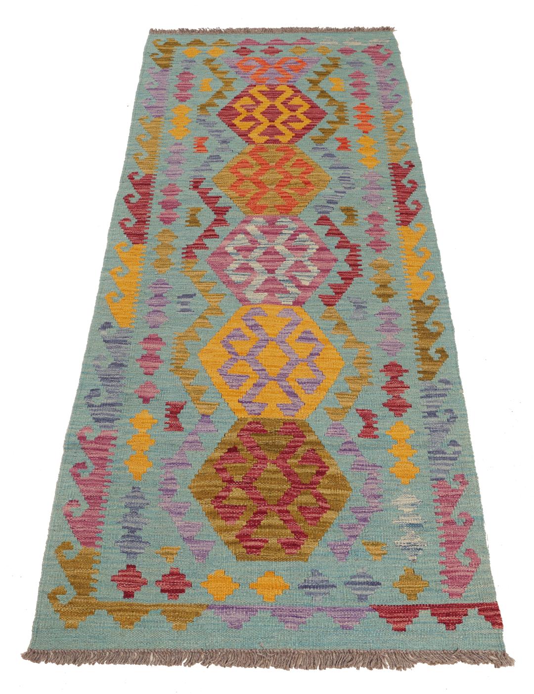 Handgeweven Afghaanse loper met levendige geometrische medaillonpatronen in blauw en meerkleurig
