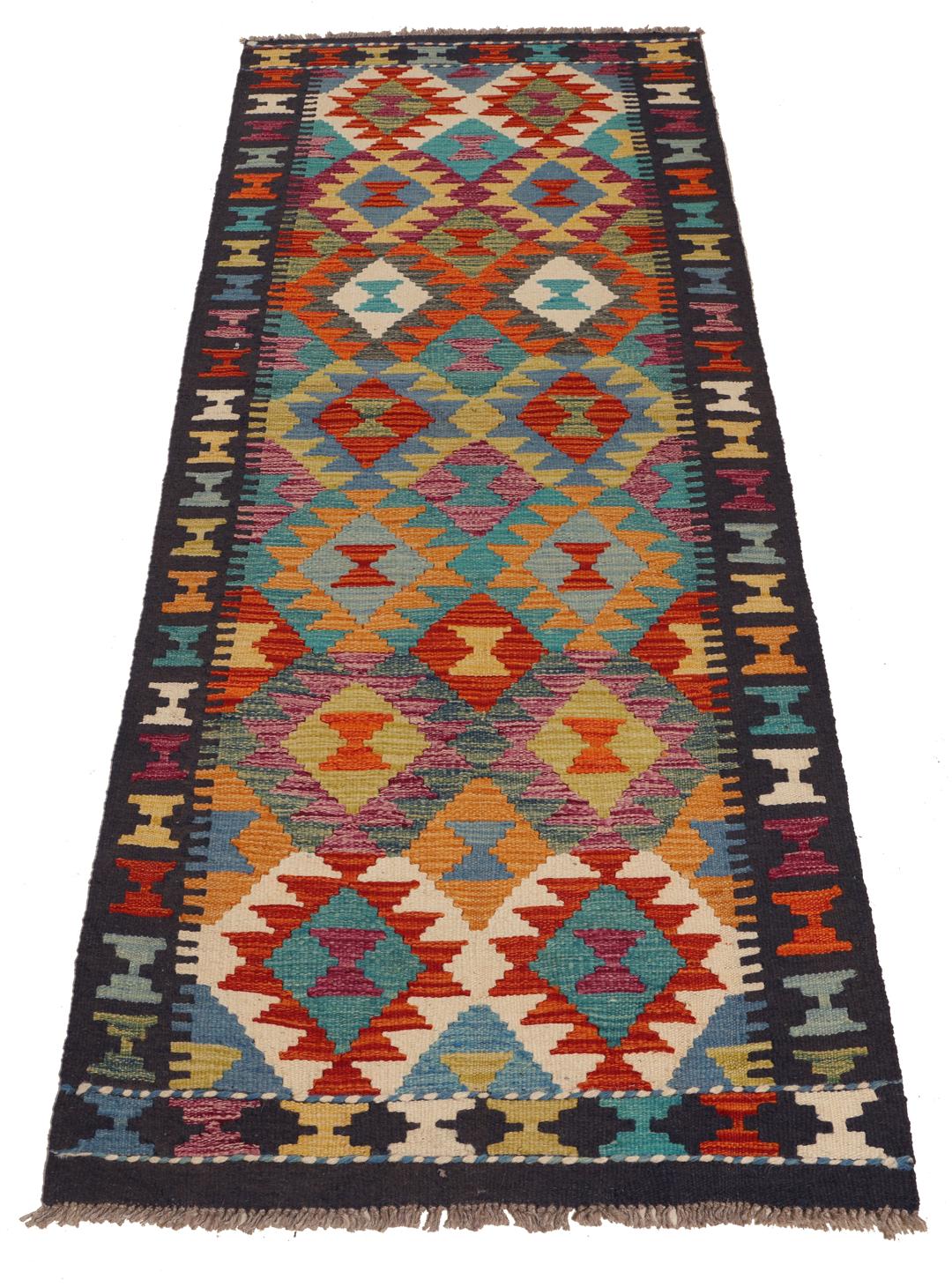 Tappeto runner afghano tessuto a mano con motivo geometrico multicolore