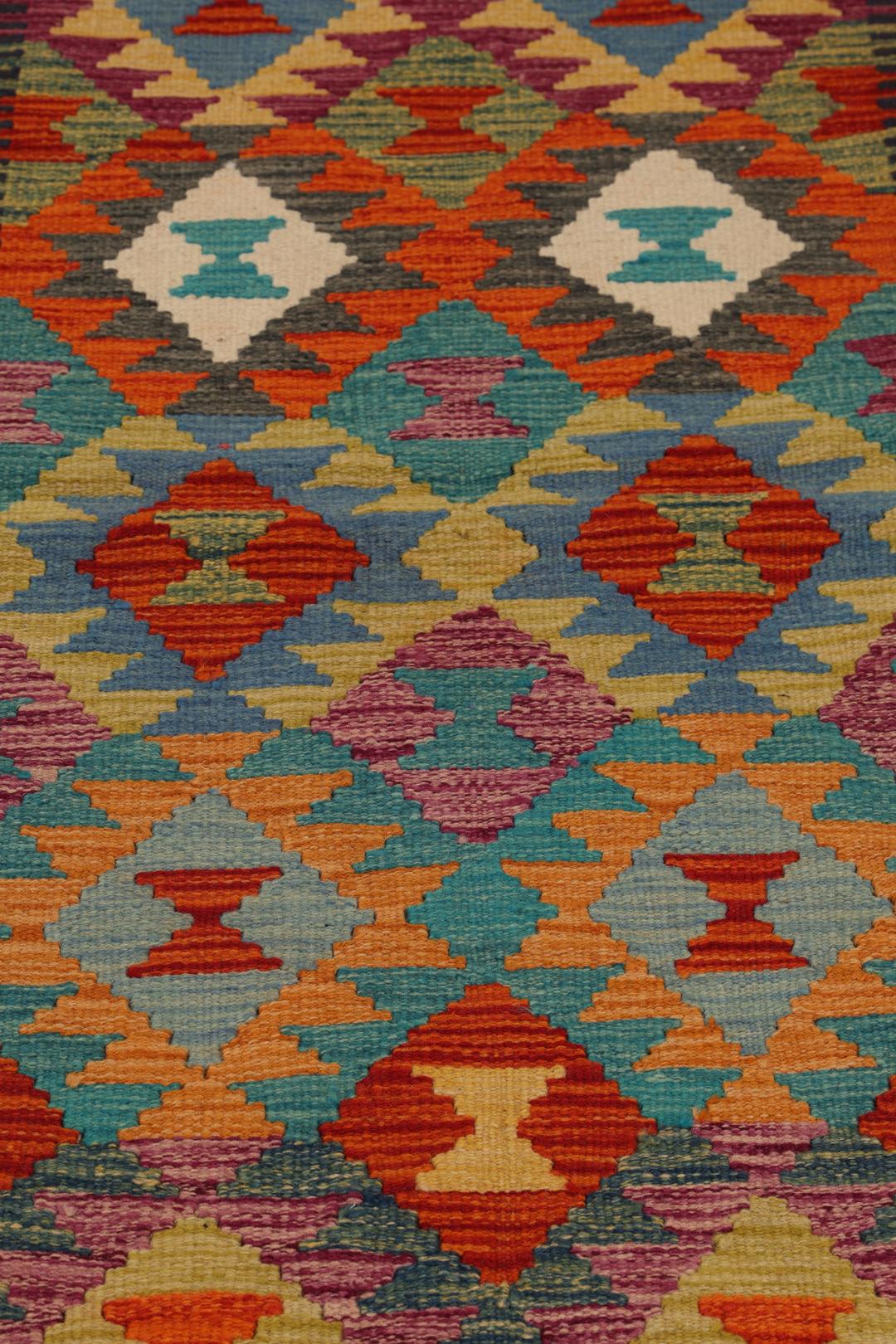 Tappeto runner afghano tessuto a mano con motivo geometrico multicolore