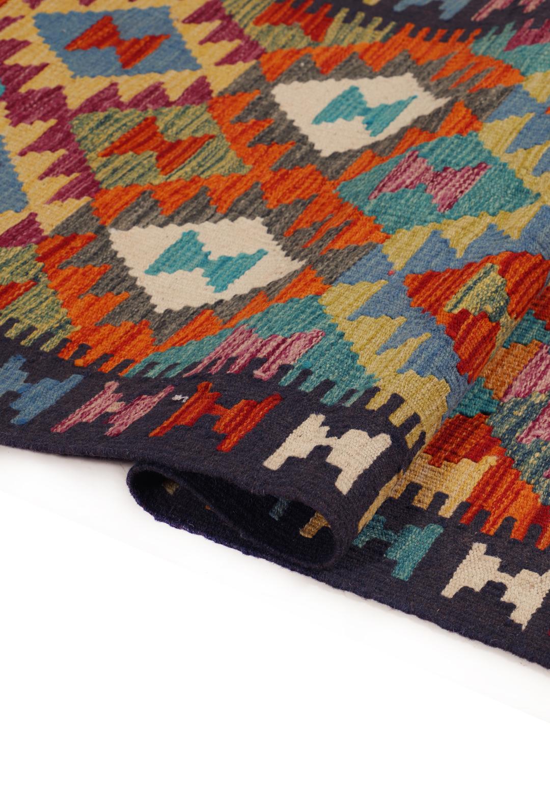 Tappeto runner afghano tessuto a mano con motivo geometrico multicolore